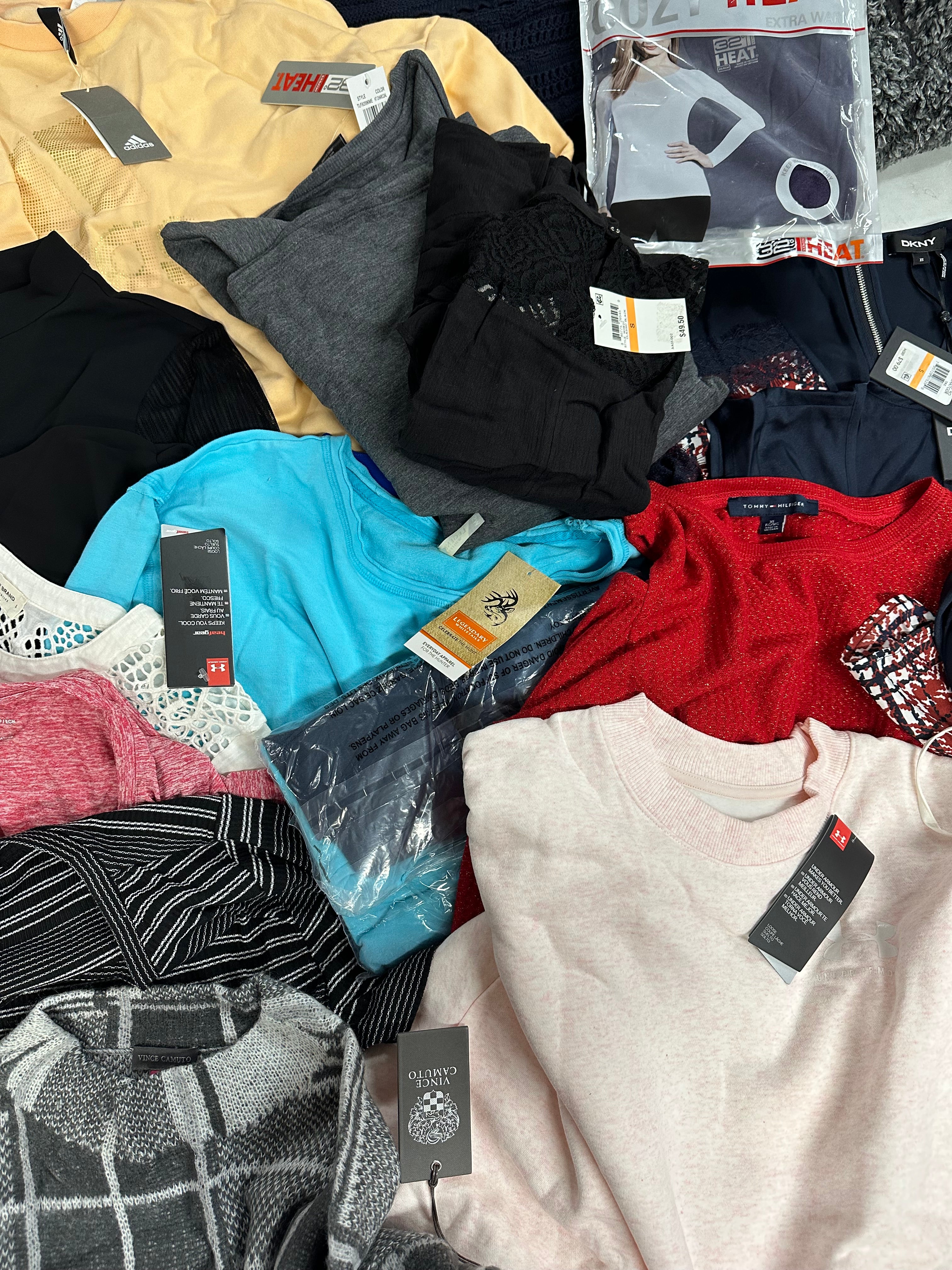 Women's Clothing Tops Wholesale Lot, LUCKY BRAND, TOMMY HILFIGER, ADIDAS, DKNY, LEGENDARY, UNDER ARMOUR and more, 21 items, Shelf Pulls, MSRP $1,361