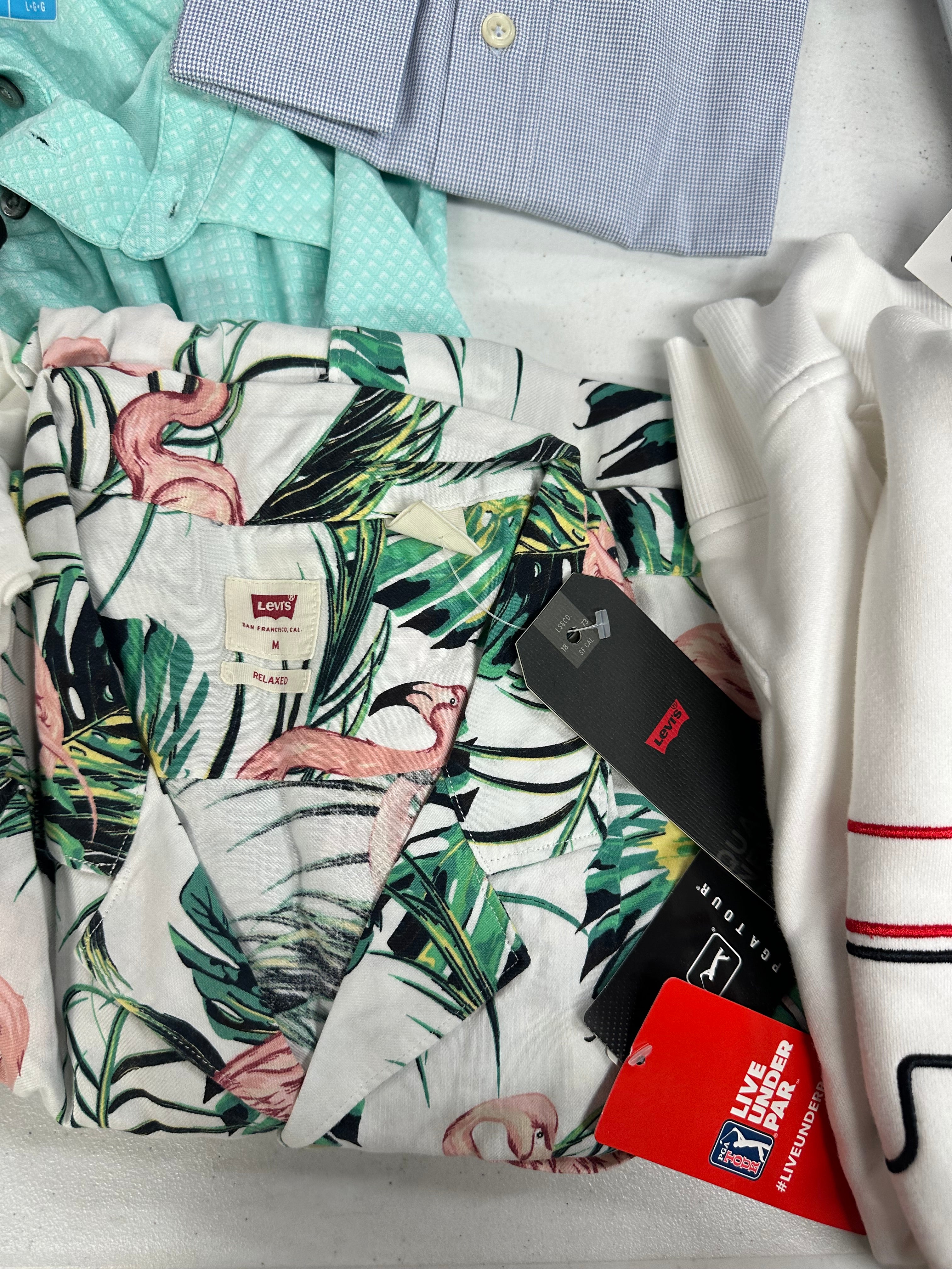 Men's Clothing Tops and Other Wholesale Lot, PENGUIN, FILA, PGA TOUR, DKNY, LEVI'S, KID DANGEROUS and more, 14 items, Shelf Pulls, MSRP $937