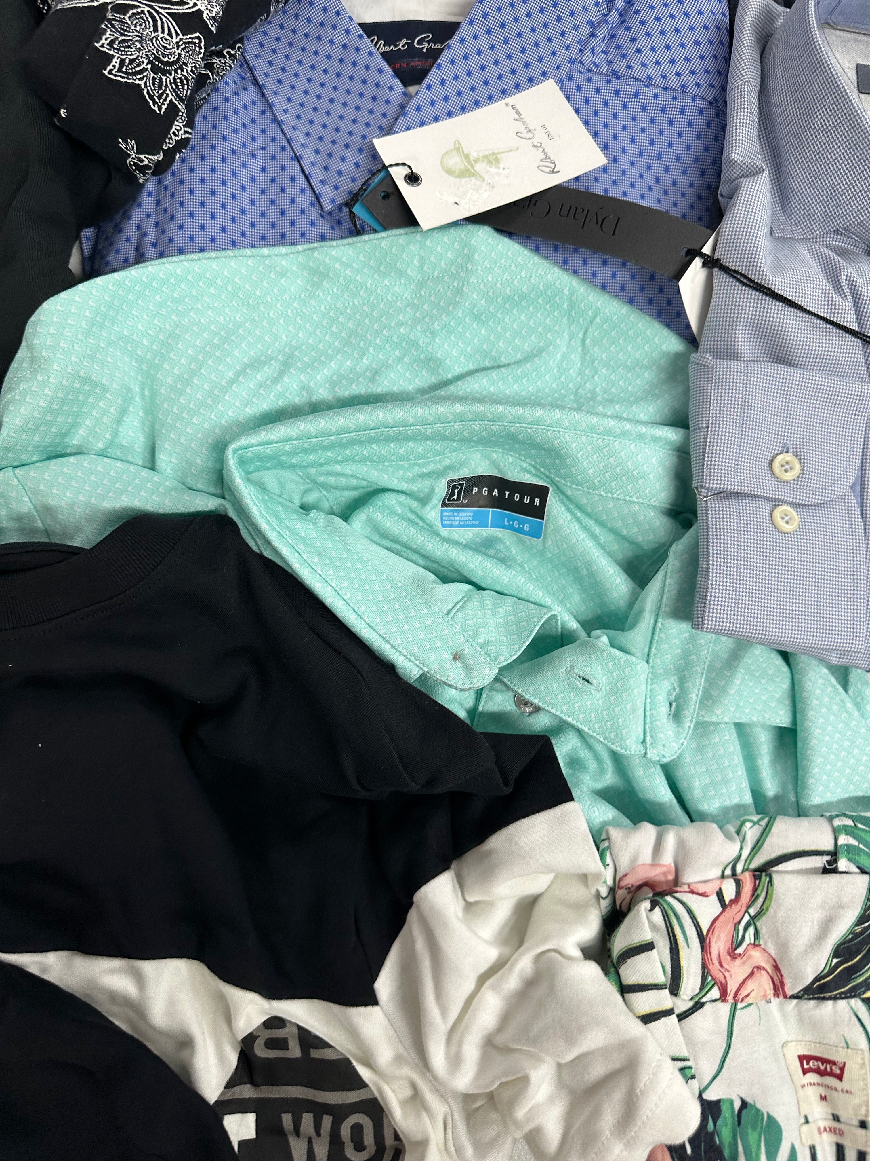 Men's Clothing Tops and Other Wholesale Lot, PENGUIN, FILA, PGA TOUR, DKNY, LEVI'S, KID DANGEROUS and more, 14 items, Shelf Pulls, MSRP $937