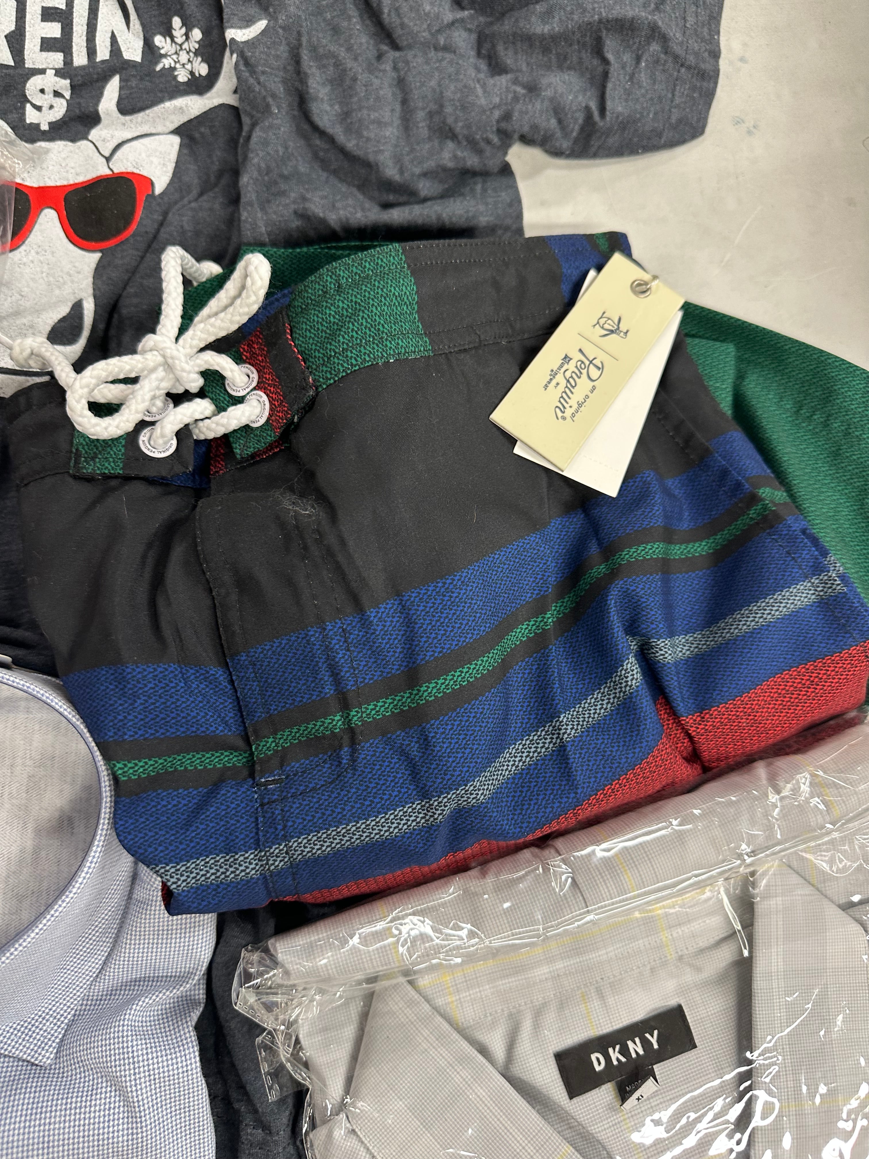 Men's Clothing Tops and Other Wholesale Lot, PENGUIN, FILA, PGA TOUR, DKNY, LEVI'S, KID DANGEROUS and more, 14 items, Shelf Pulls, MSRP $937