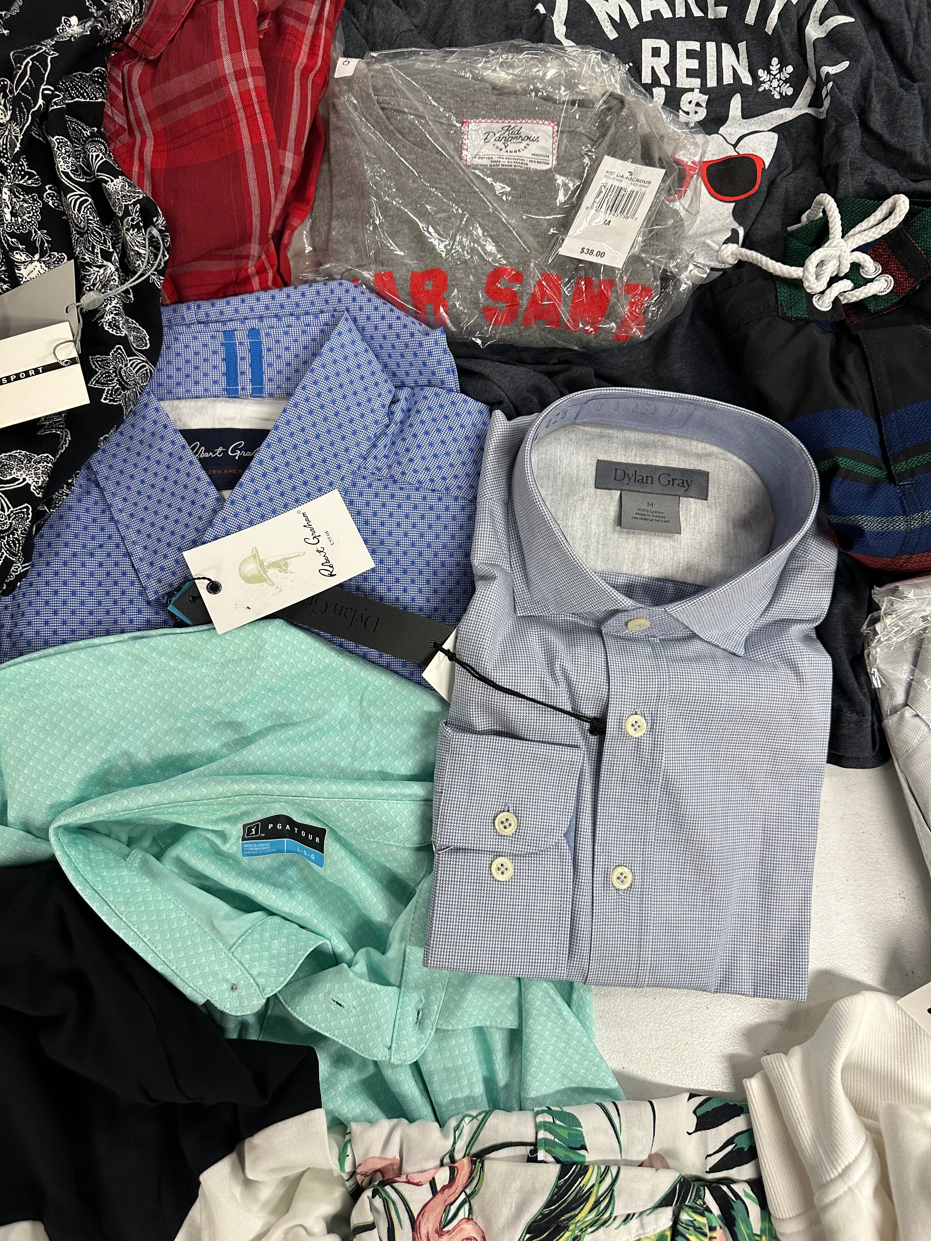 Men's Clothing Tops and Other Wholesale Lot, PENGUIN, FILA, PGA TOUR, DKNY, LEVI'S, KID DANGEROUS and more, 14 items, Shelf Pulls, MSRP $937