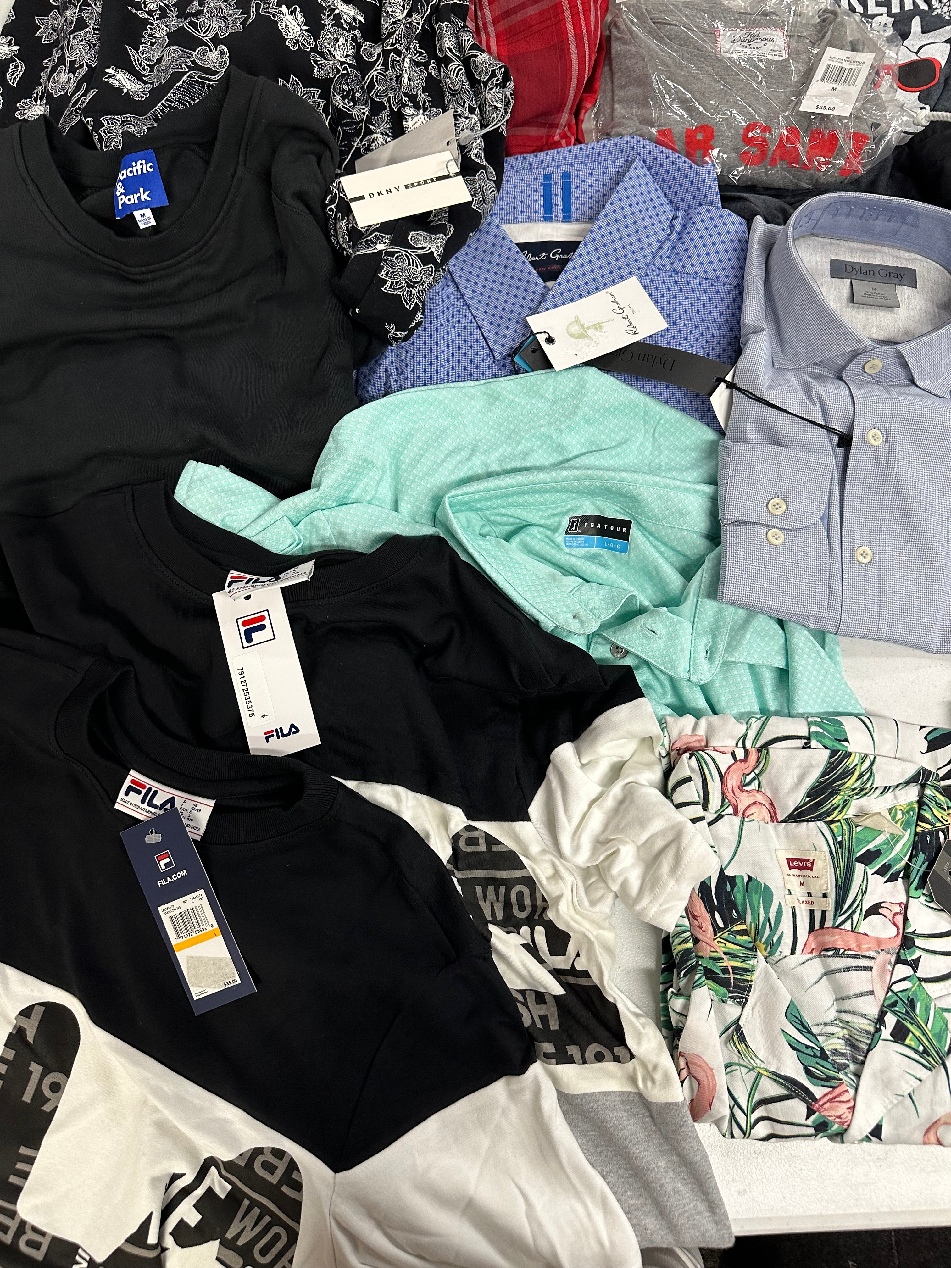 Men's Clothing Tops and Other Wholesale Lot, PENGUIN, FILA, PGA TOUR, DKNY, LEVI'S, KID DANGEROUS and more, 14 items, Shelf Pulls, MSRP $937