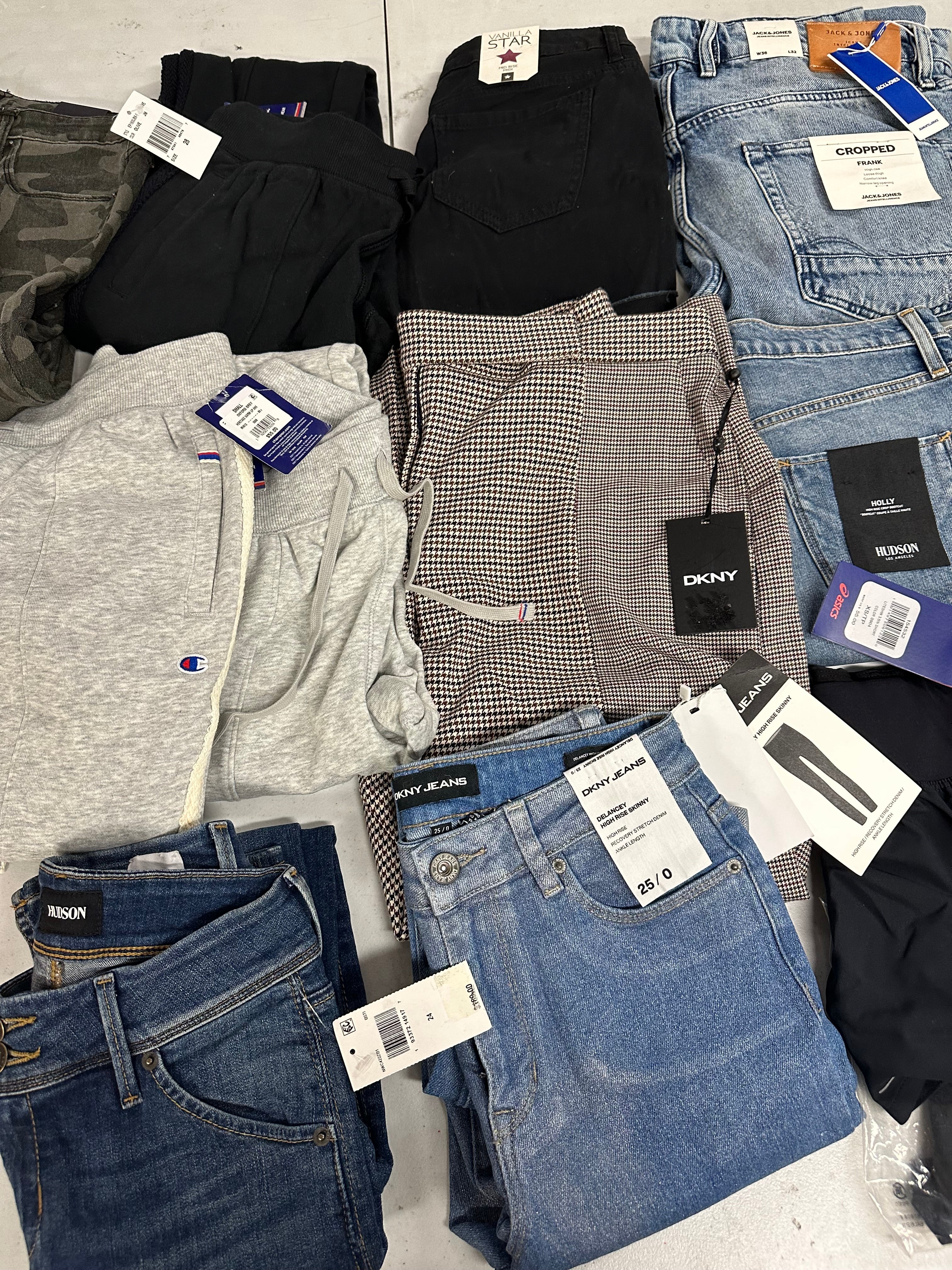 Women's Clothing Bottoms Wholesale Lot, HUDSON, ASICS, DKNY, RALPH LAUREN, CHAMPION and more, 13 items, Shelf Pulls, MSRP $1,250