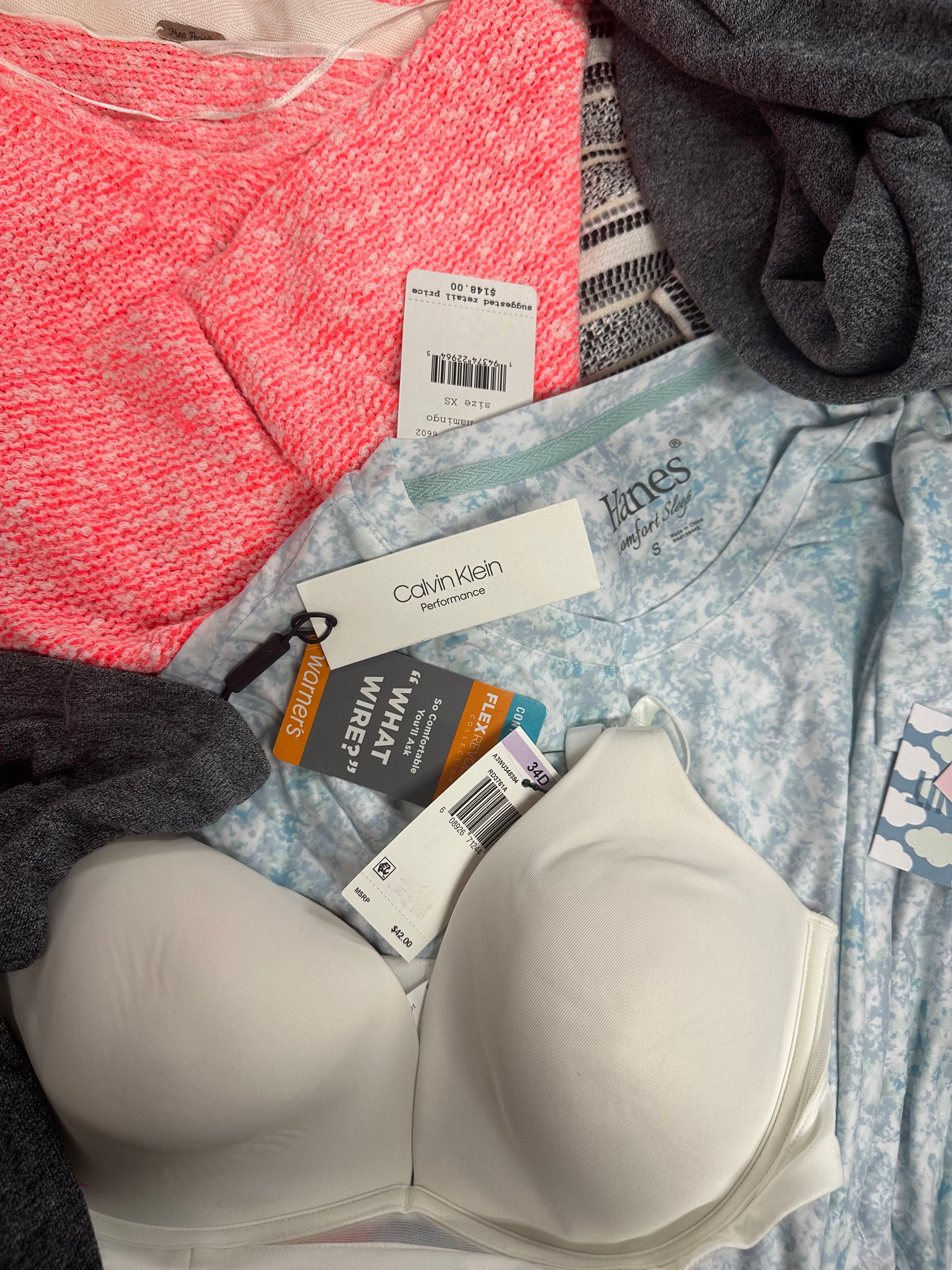 Women's Clothing Assorted Wholesale Lot, JOE'S, SUNDRY, FREE PEOPLE, WARNERS, HANES, CALVIN KLEIN and more, 11 items, Shelf Pulls, MSRP $1,145
