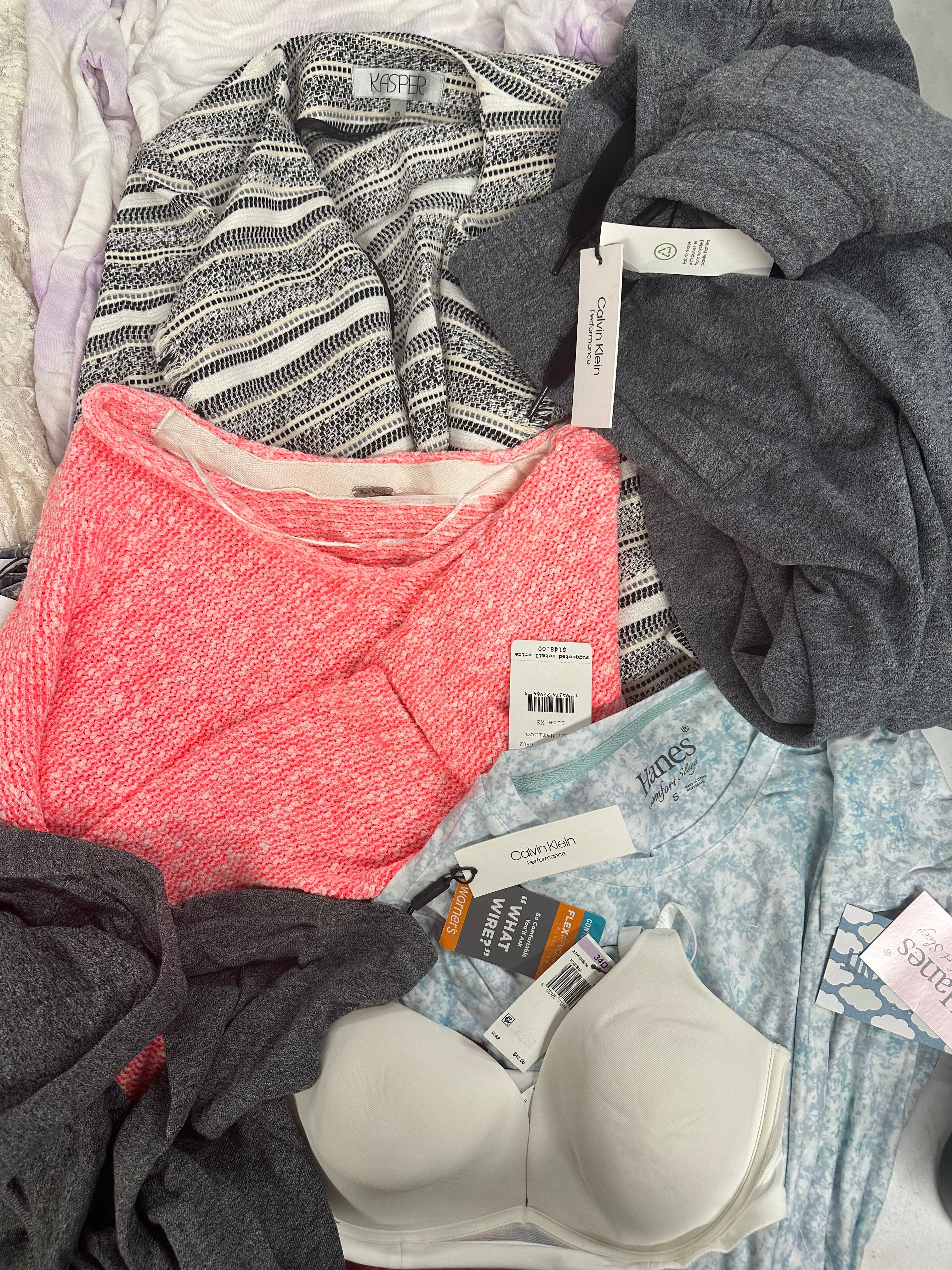 Women's Clothing Assorted Wholesale Lot, JOE'S, SUNDRY, FREE PEOPLE, WARNERS, HANES, CALVIN KLEIN and more, 11 items, Shelf Pulls, MSRP $1,145