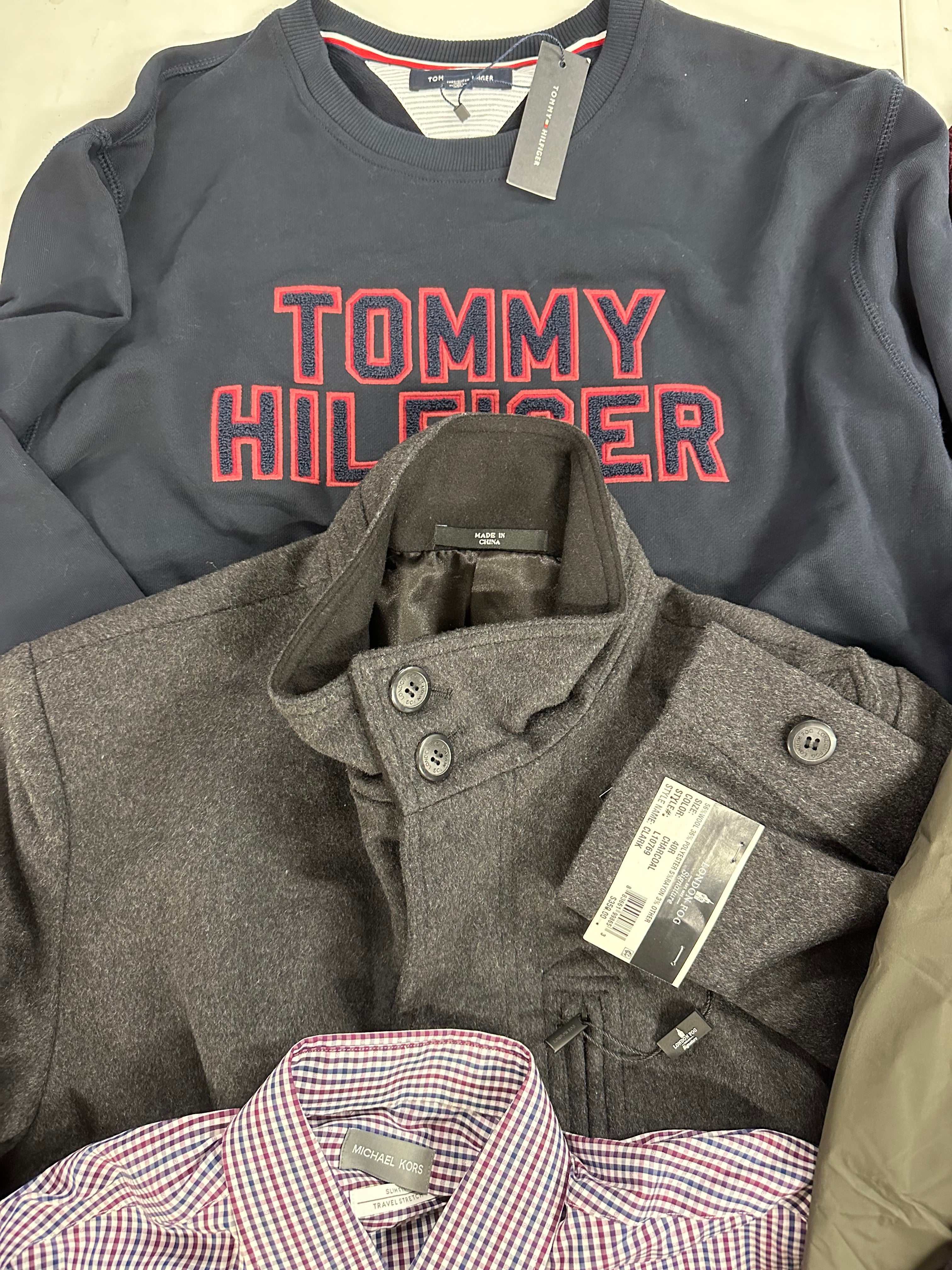 Men's Clothing Assorted Wholesale Lot, TOMMY HILFIGER, LONDON FOG, MICHAEL KORS, CHAMPION, DYLAN GRAY and more, 8 items, Shelf Pulls, MSRP $1,290