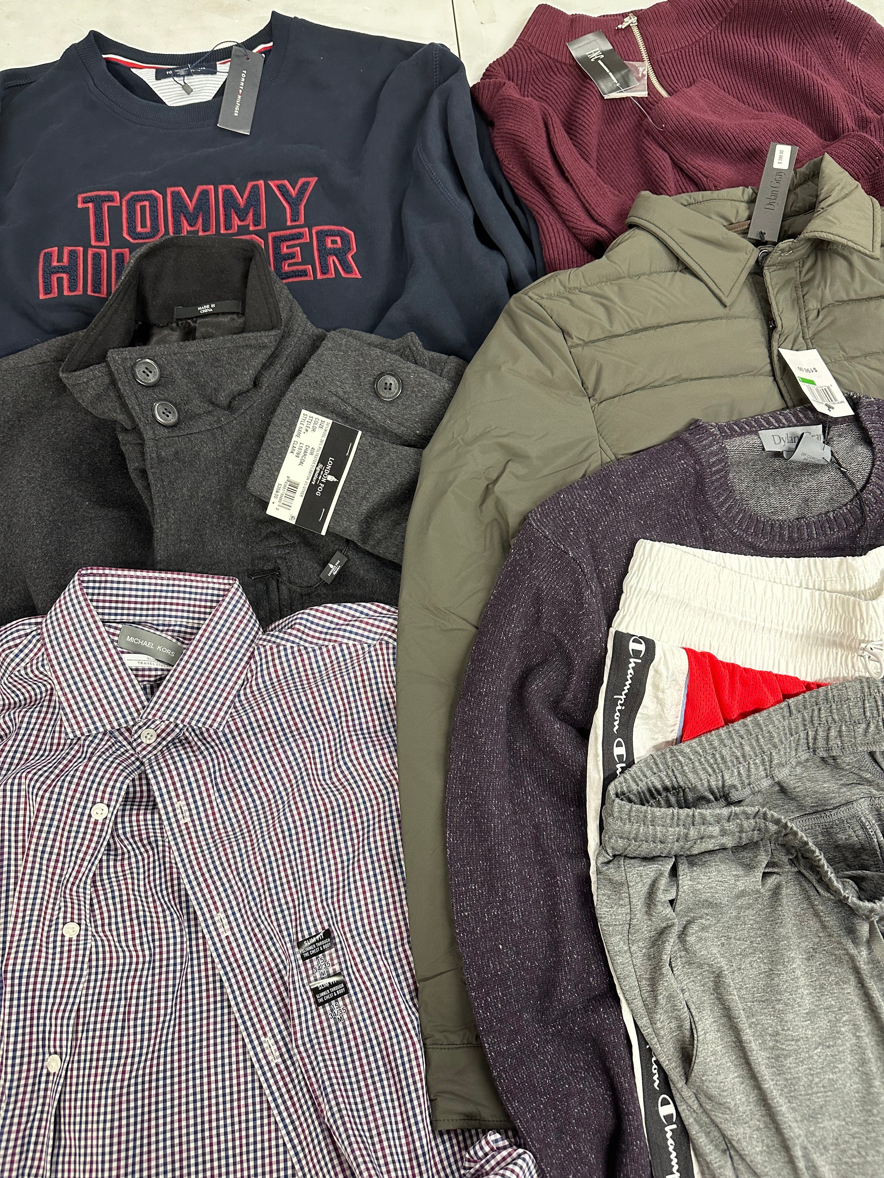 Men's Clothing Assorted Wholesale Lot, TOMMY HILFIGER, LONDON FOG, MICHAEL KORS, CHAMPION, DYLAN GRAY and more, 8 items, Shelf Pulls, MSRP $1,290