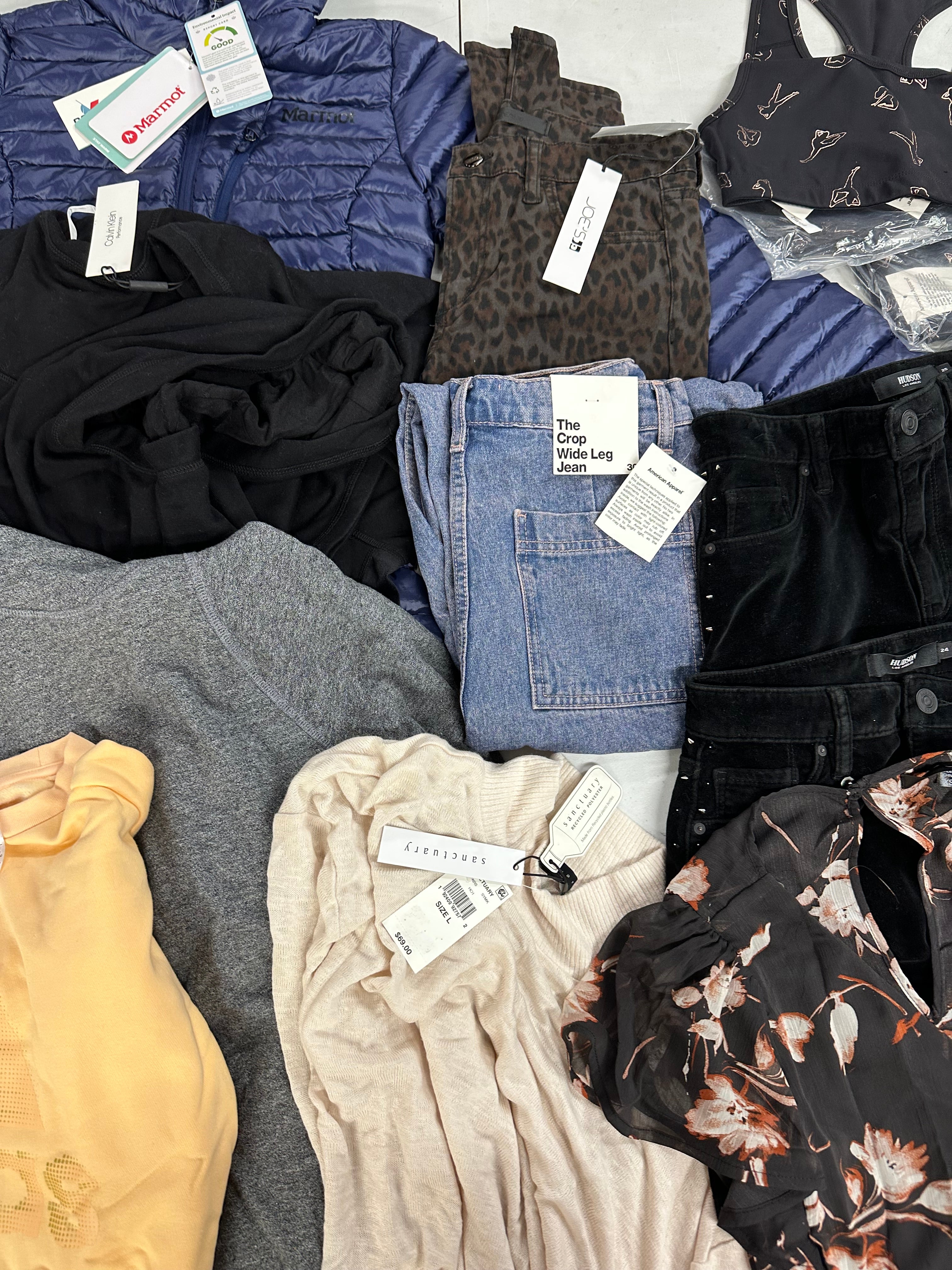 Women's Clothing Assorted Wholesale Lot, MARMOT, HUDSON, JOE'S, ADIDAS, AMERICAN APPAREL and more, 14 items, Shelf Pulls, MSRP $1,446