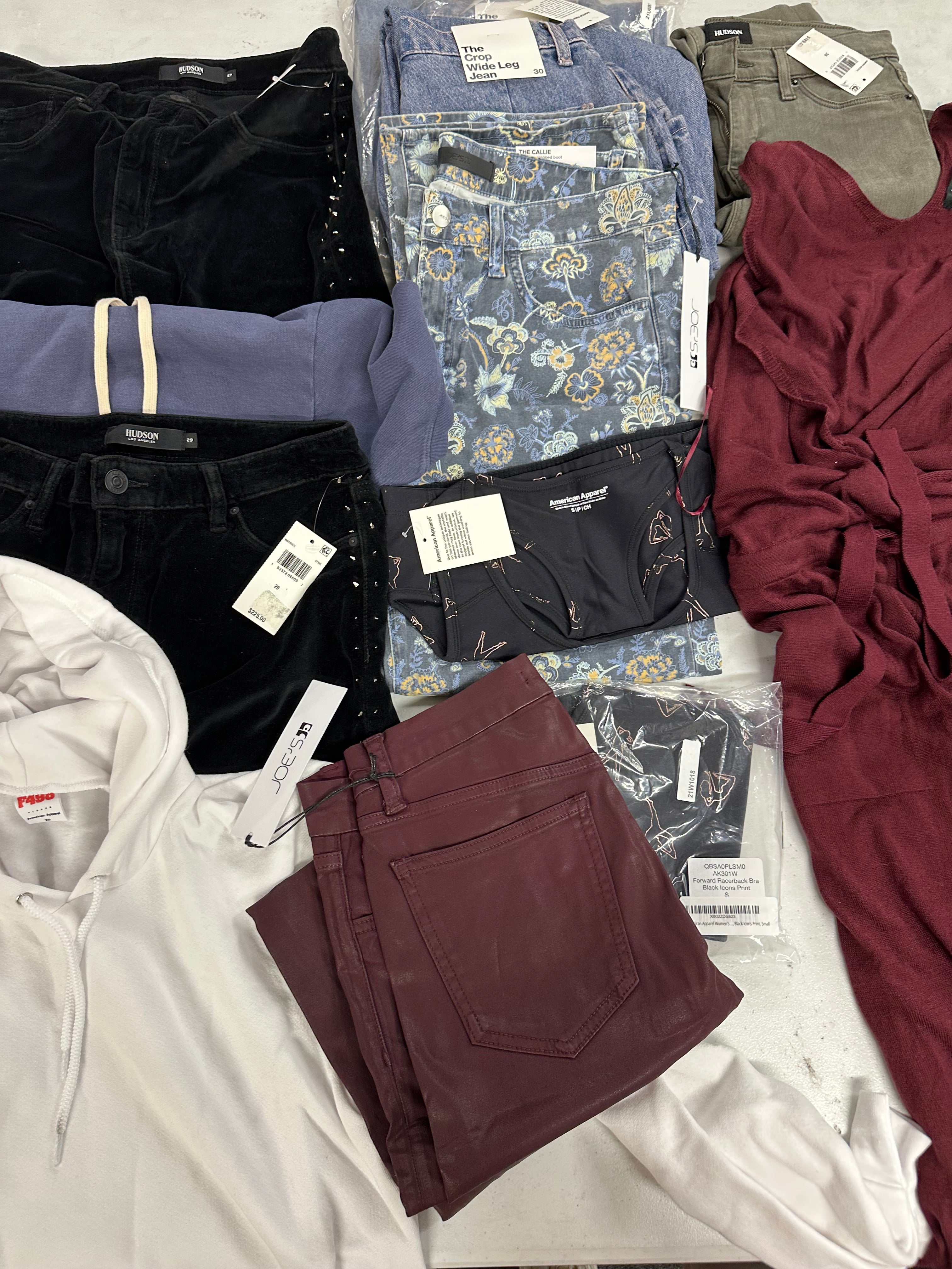 Women's Clothing Assorted Wholesale Lot, HUDSON, JOE'S JEANS, AMERICAN APPAREL and more, 12 items, Shelf Pulls, MSRP $1,391