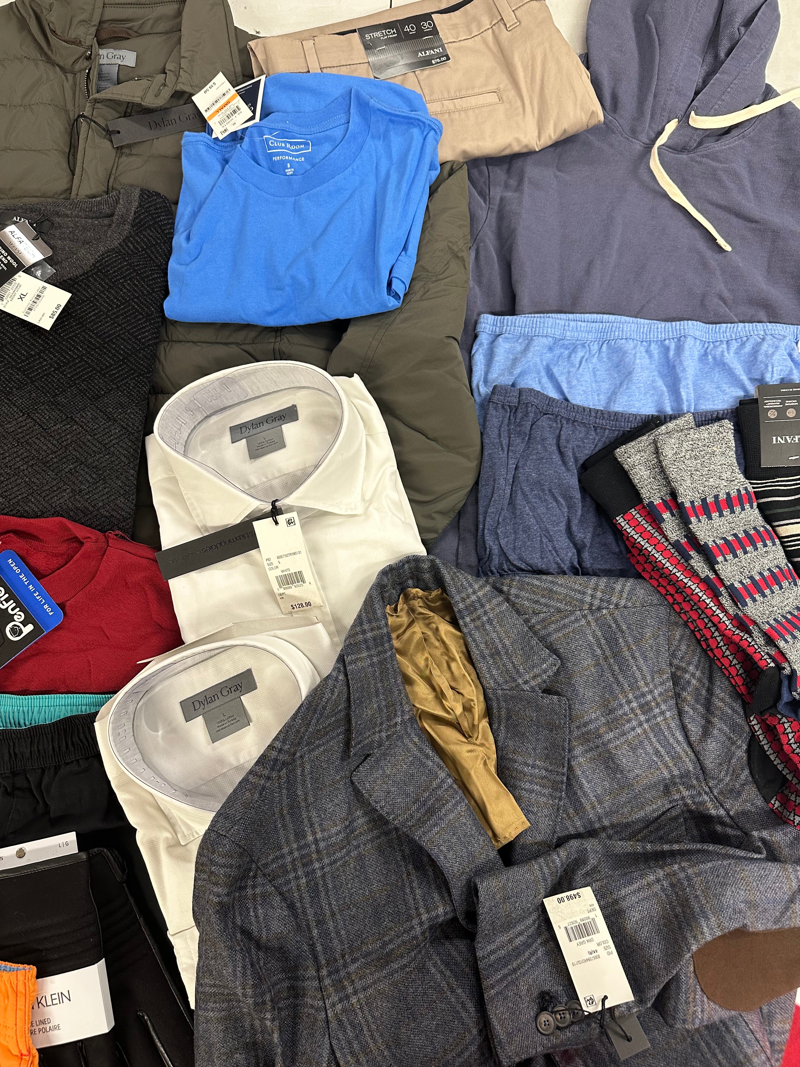 Men's Clothing Assorted Wholesale Lot, NAUTICA, PENFIELD, CALVIN KLEIN, AMERICAN APPAREL, JOCKEY and more, 14 items, Shelf Pulls, MSRP $1,680