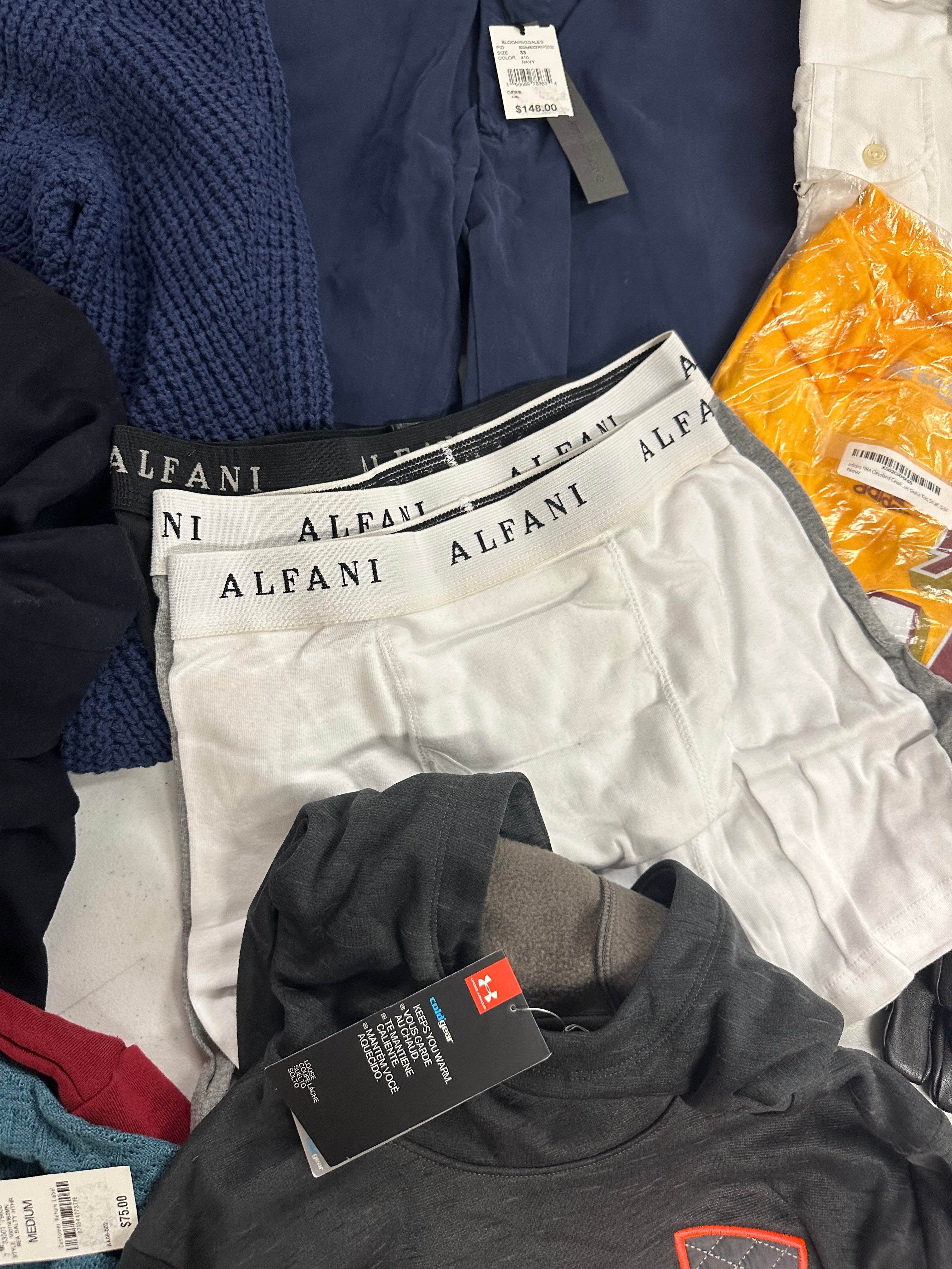 Men's Clothing Assorted Wholesale Lot, UNDER ARMOUR, ADIDAS, CALVIN KLEIN, TASSO ELBA, BUFFALO JEANS and more, 10 items, Shelf Pulls, MSRP $1,334