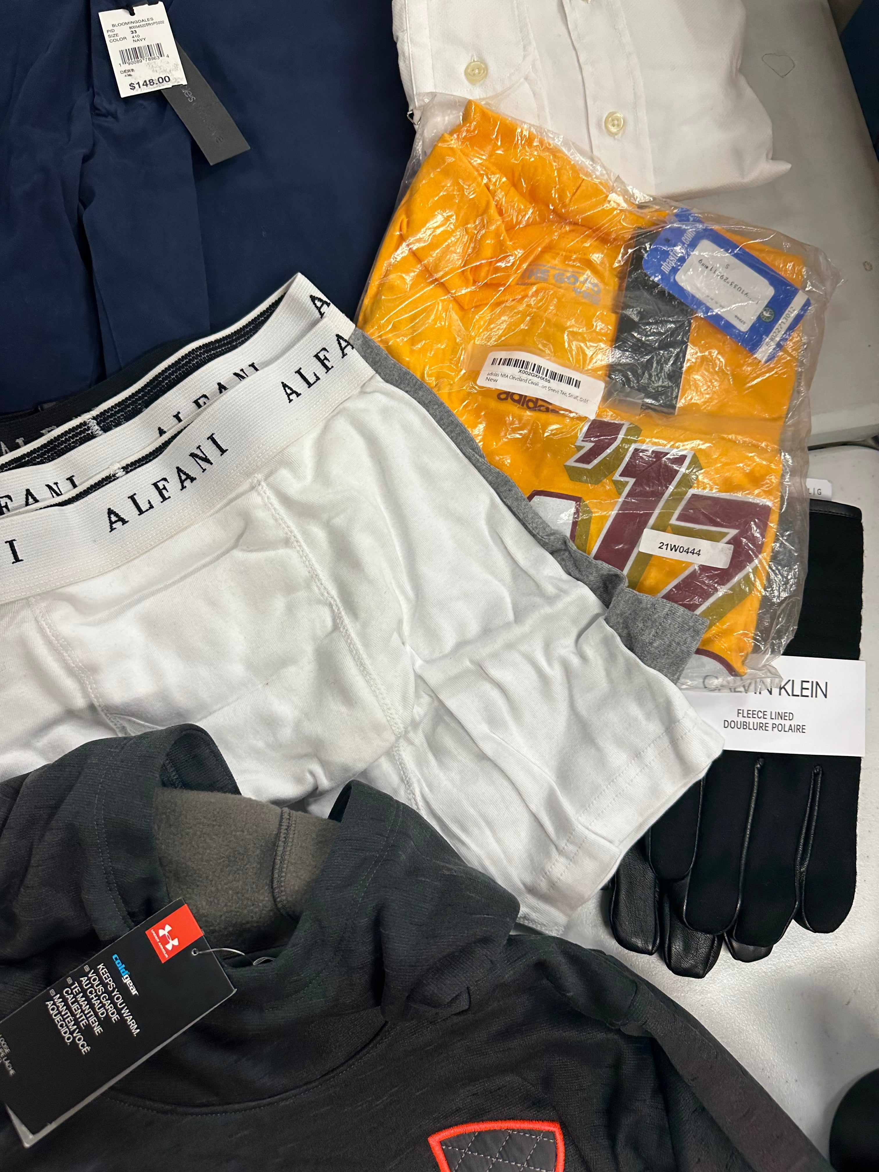 Men's Clothing Assorted Wholesale Lot, UNDER ARMOUR, ADIDAS, CALVIN KLEIN, TASSO ELBA, BUFFALO JEANS and more, 10 items, Shelf Pulls, MSRP $1,334