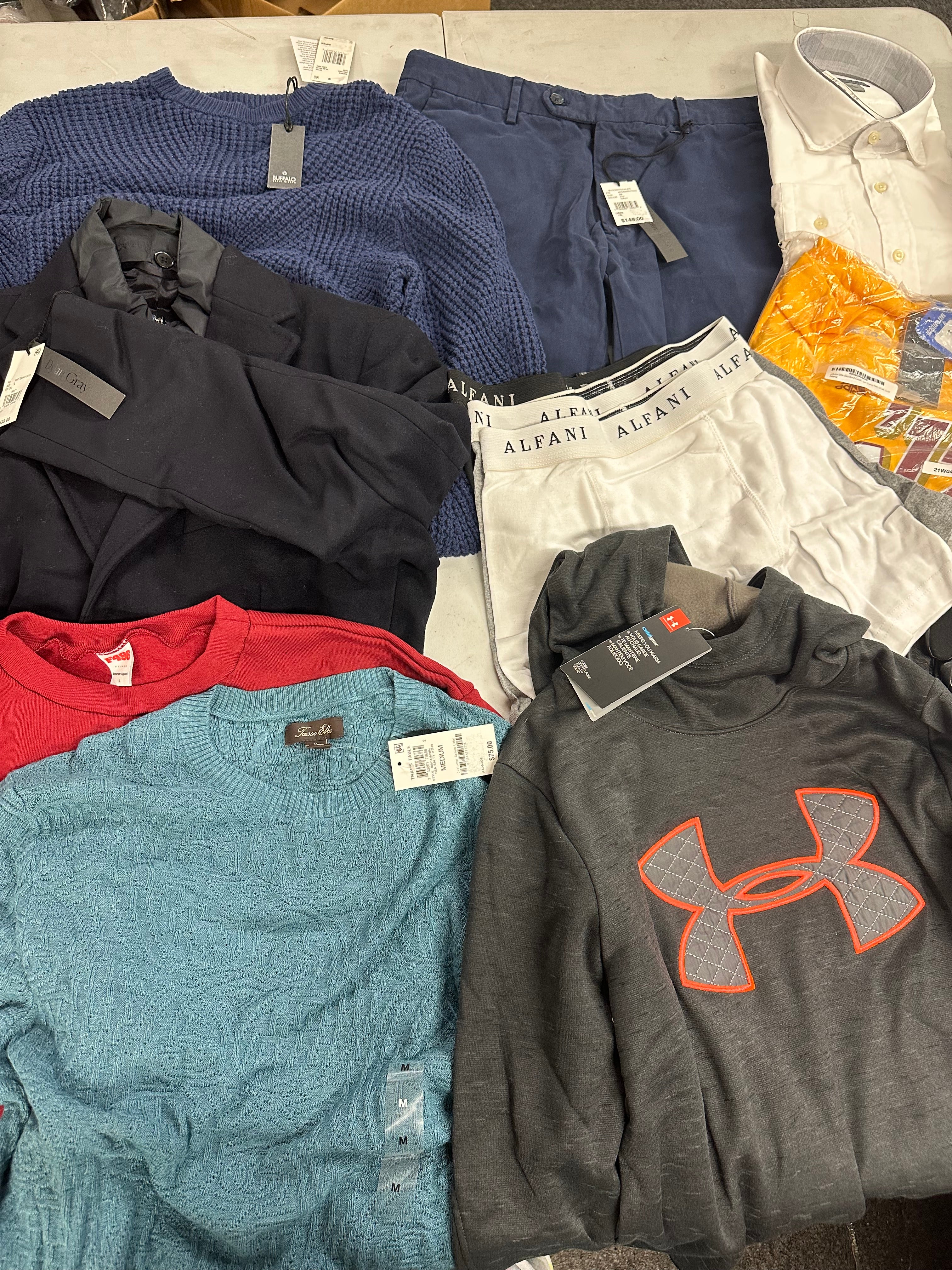 Men's Clothing Assorted Wholesale Lot, UNDER ARMOUR, ADIDAS, CALVIN KLEIN, TASSO ELBA, BUFFALO JEANS and more, 10 items, Shelf Pulls, MSRP $1,334
