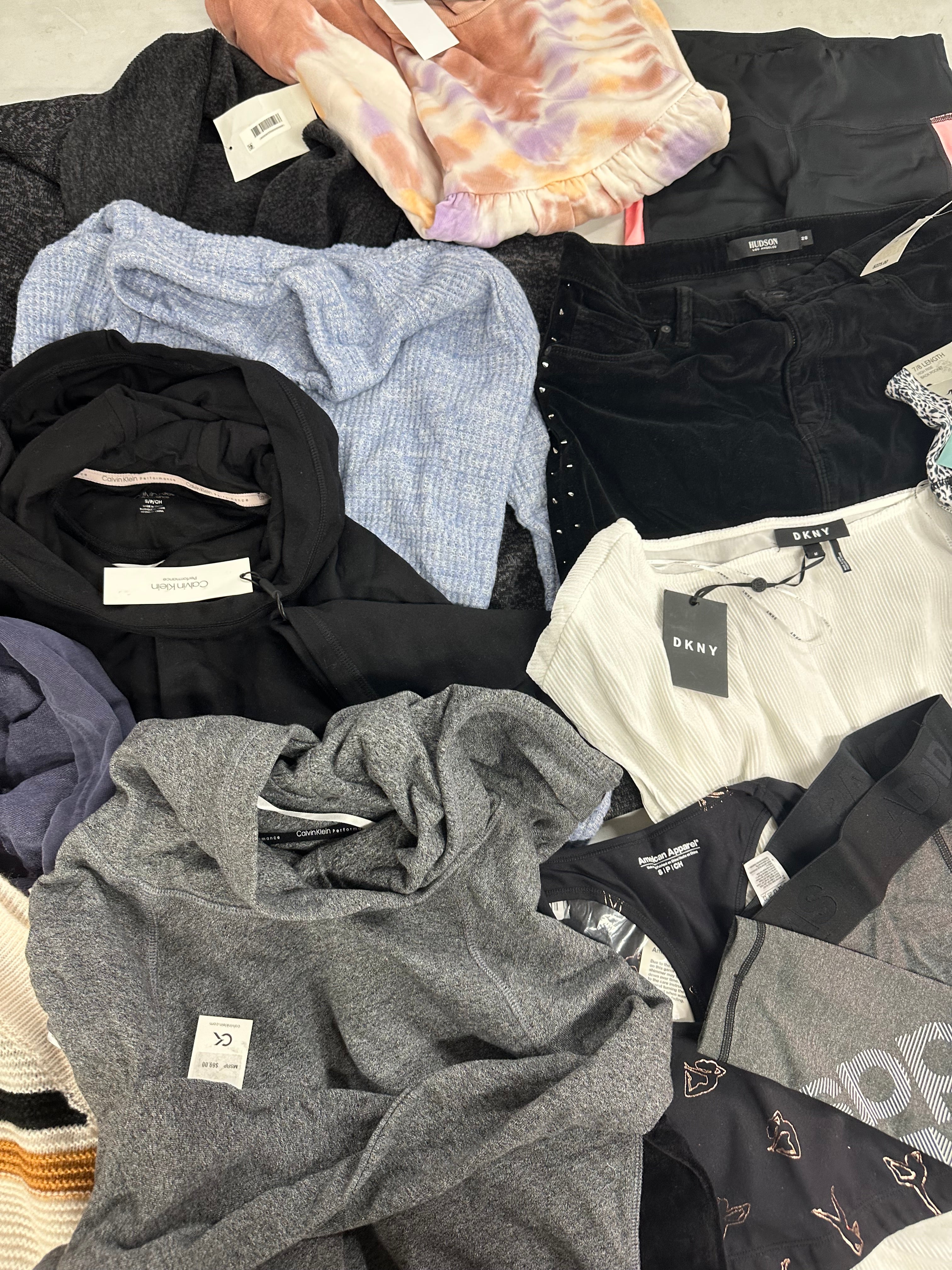 Women's Clothing Assorted Wholesale Lot, DKNY, HUDSON, CALVIN KLEIN, ADIDAS, AMERICAN APPAREL, DEREK HEART and more, 15 items, Shelf Pulls, MSRP $848