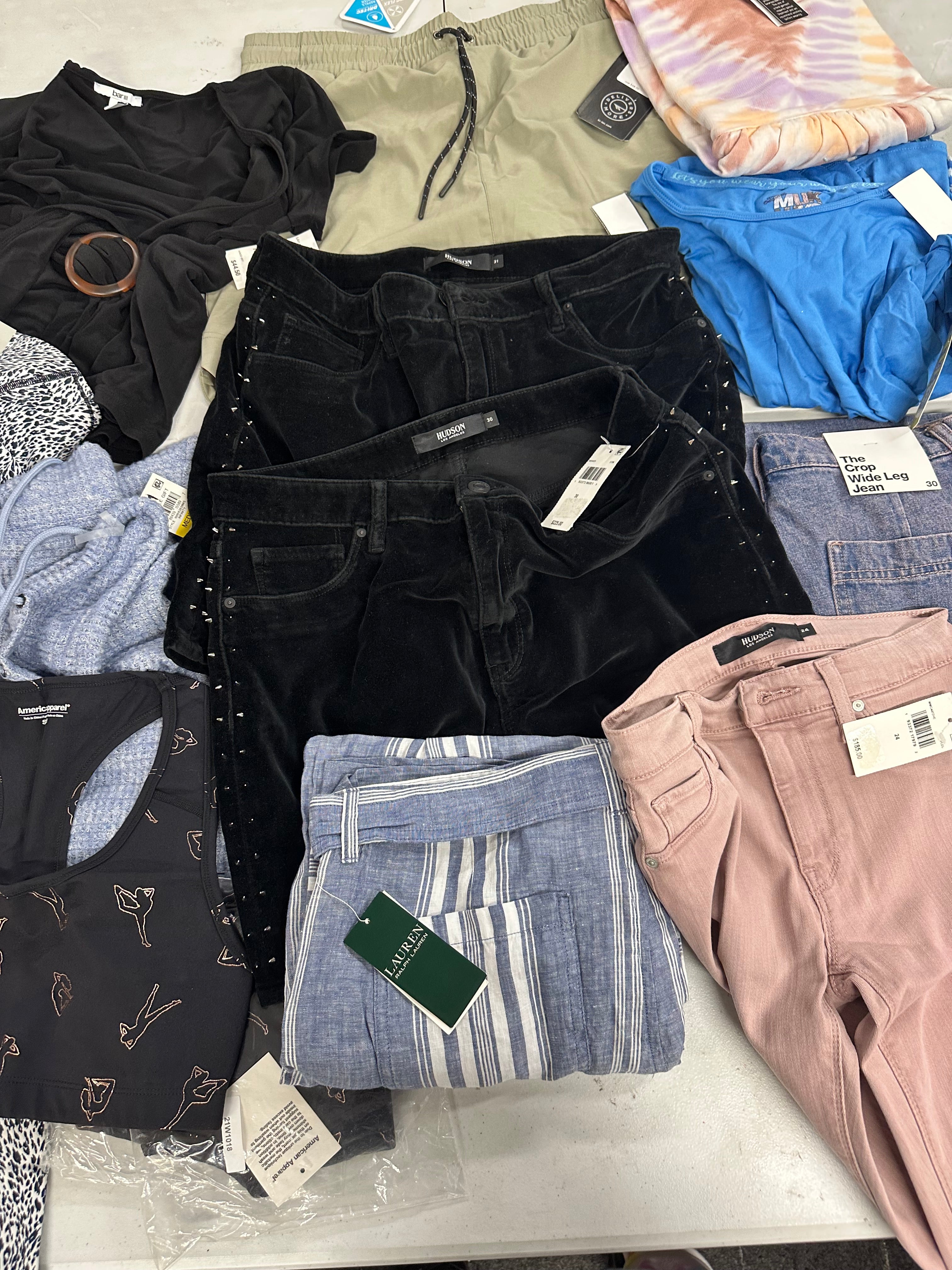 Women's Clothing Assorted Wholesale Lot, POLO RALPH LAUREN, HUDSON, AMERICAN APPAREL, BAR III, IDEOLOGY and more, 14 items, Shelf Pulls, MSRP $1,209