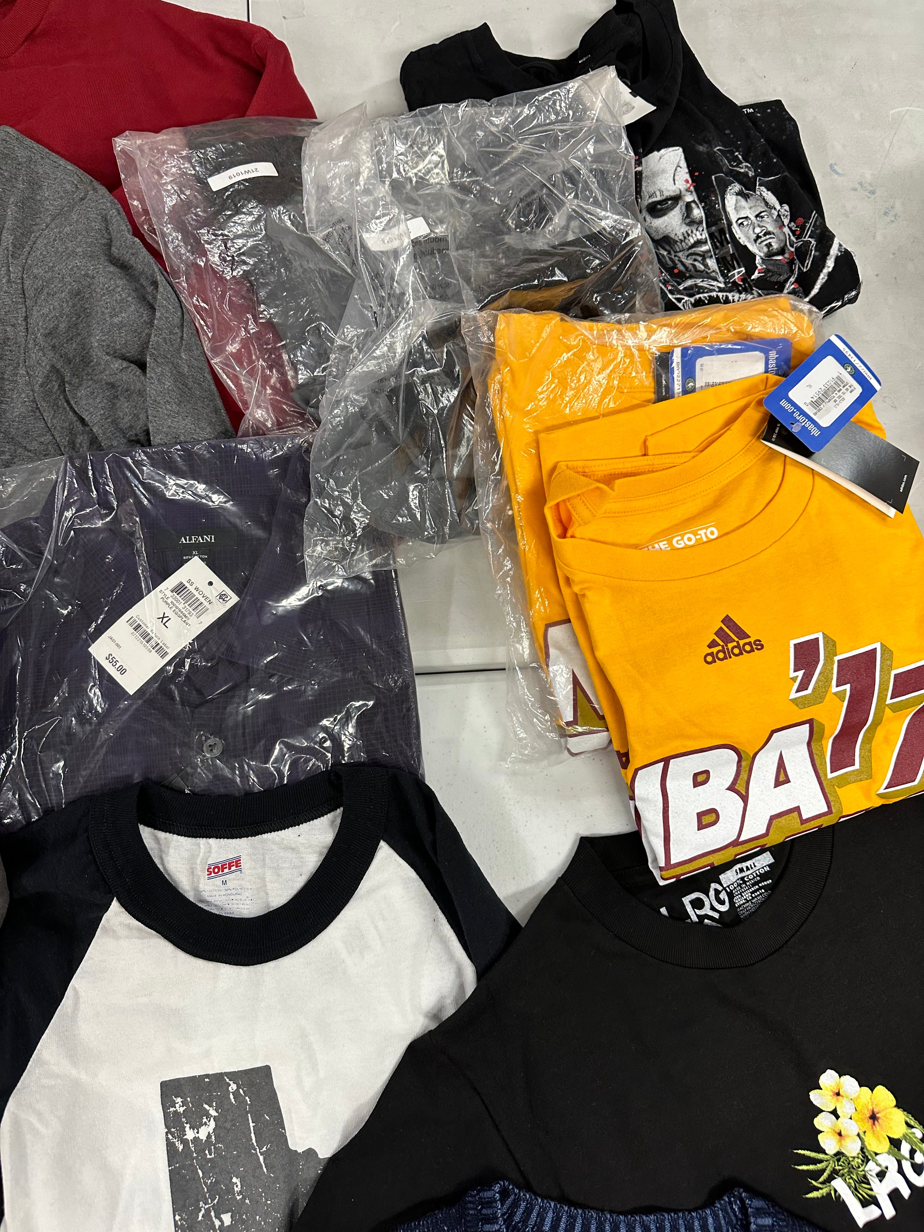 Men's Clothing Assorted Wholesale Lot, ADIDAS, AMERICAN APPAREL, SOFFE, CLUB ROOM, SUICIDE and more, 15 items, Shelf Pulls, MSRP $779