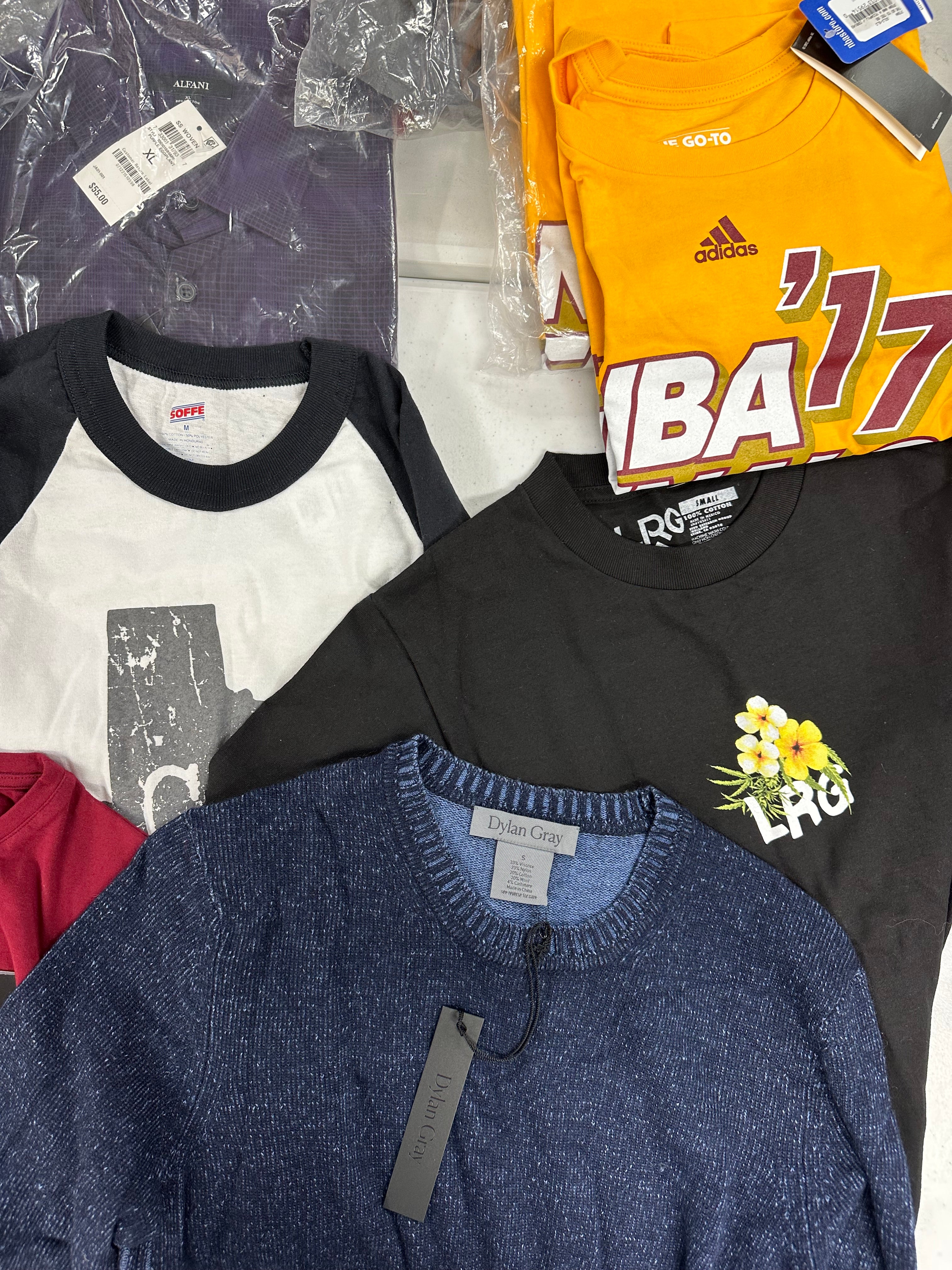 Men's Clothing Assorted Wholesale Lot, ADIDAS, AMERICAN APPAREL, SOFFE, CLUB ROOM, SUICIDE and more, 15 items, Shelf Pulls, MSRP $779