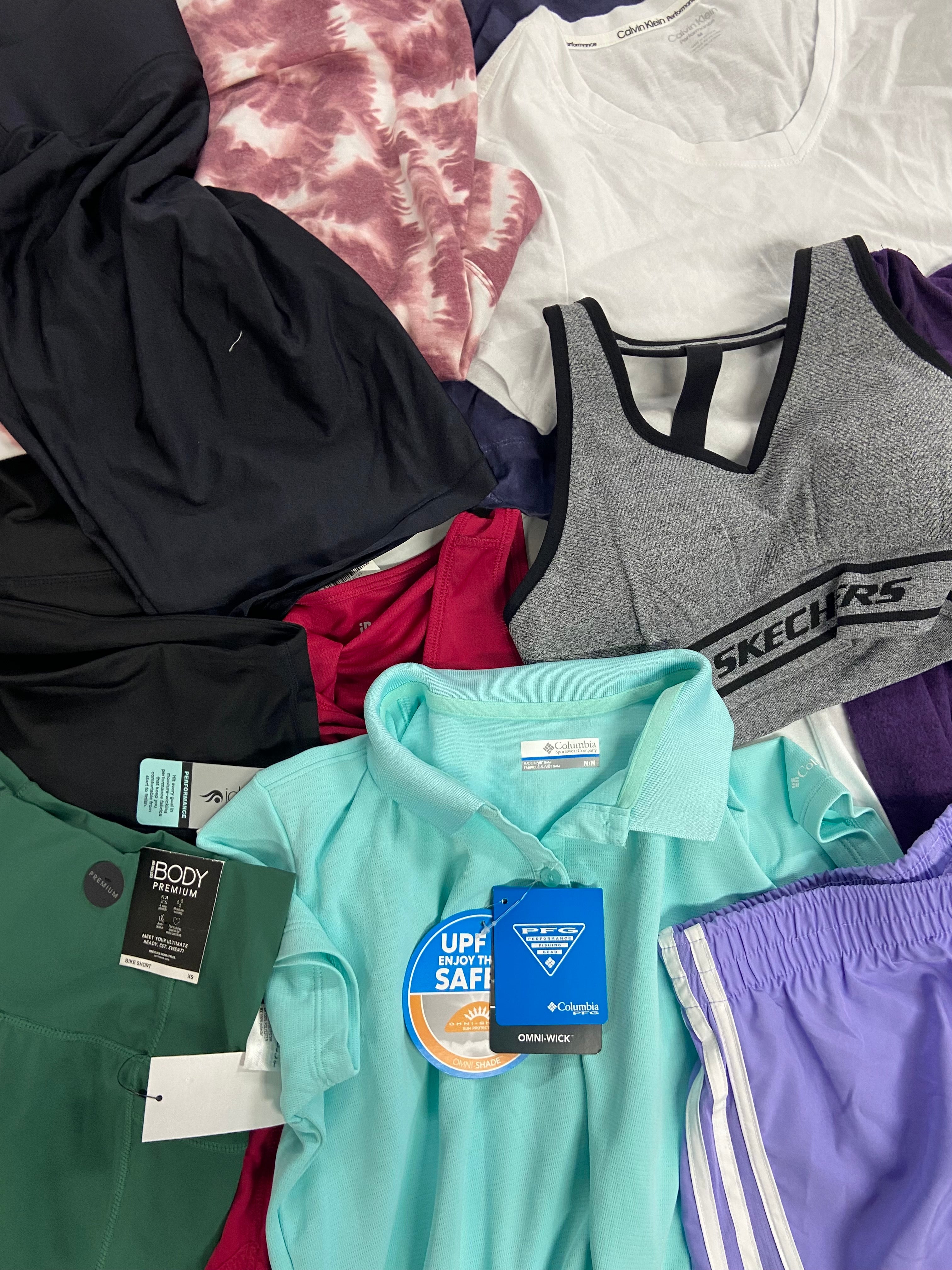 Women's Clothing Activewear Wholesale Lot, COLUMBIA, ADIDAS, CALVIN KLEIN, COTTON ON and more, 13 items, Shelf Pulls, MSRP $420