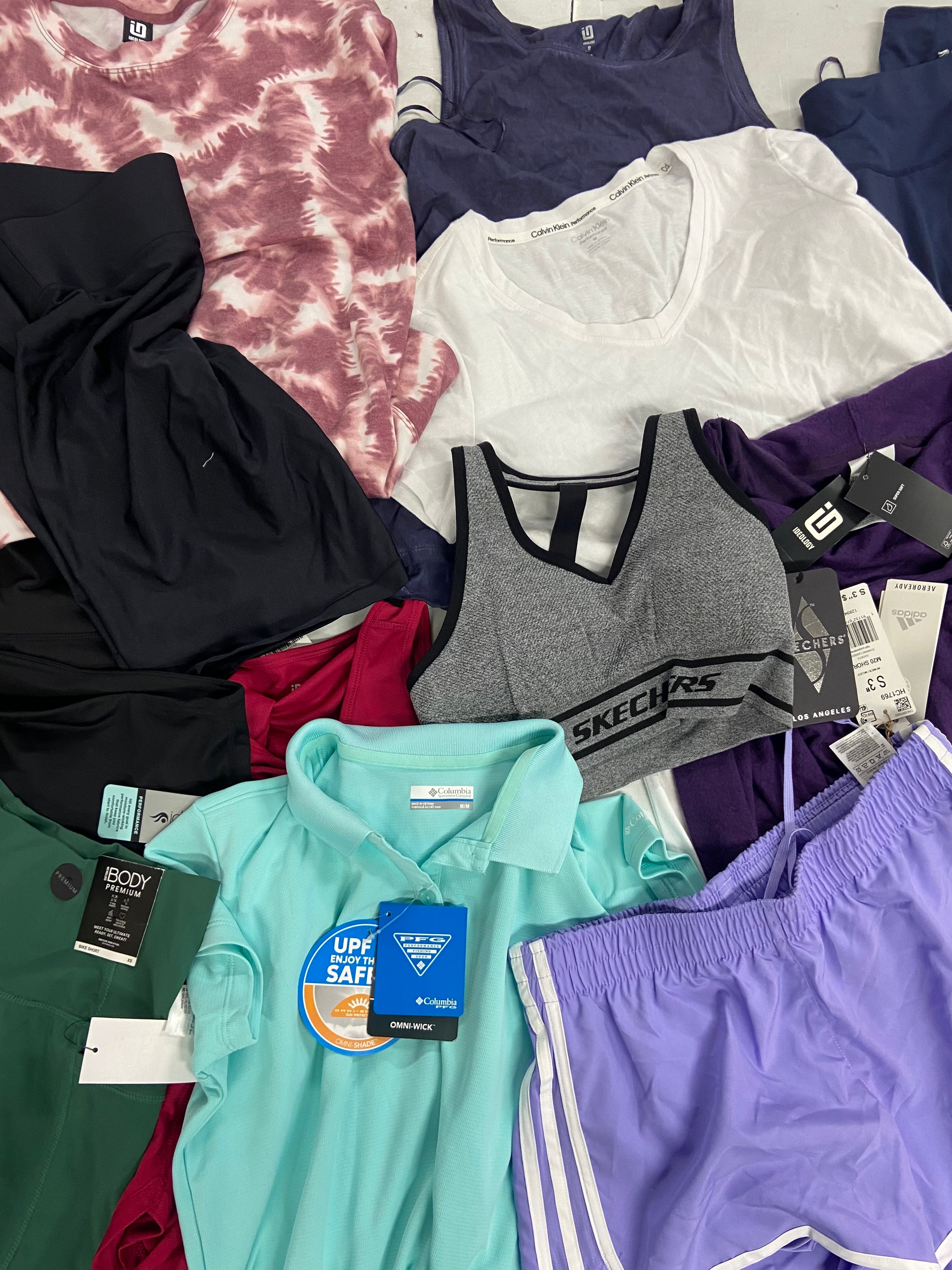 Women's Clothing Activewear Wholesale Lot, COLUMBIA, ADIDAS, CALVIN KLEIN, COTTON ON and more, 13 items, Shelf Pulls, MSRP $420