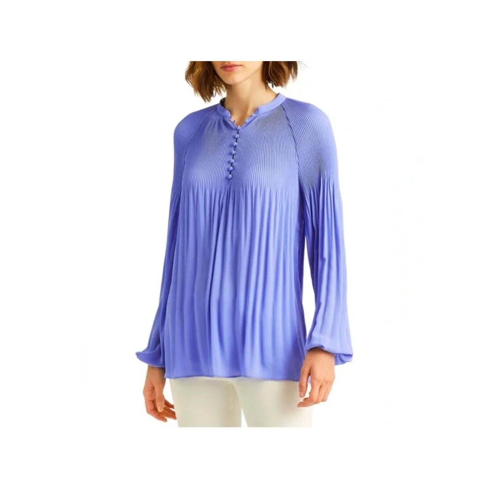 Ralph Lauren Blue Ribbed Sheer Curved Hem Button Blouson Sleeve Size XXL $135