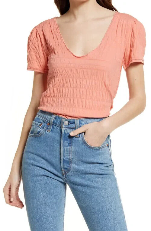 Free People Sugar Cube V-Neck T-Shirt in Burnt Coral Pink Size XS MSRP $58