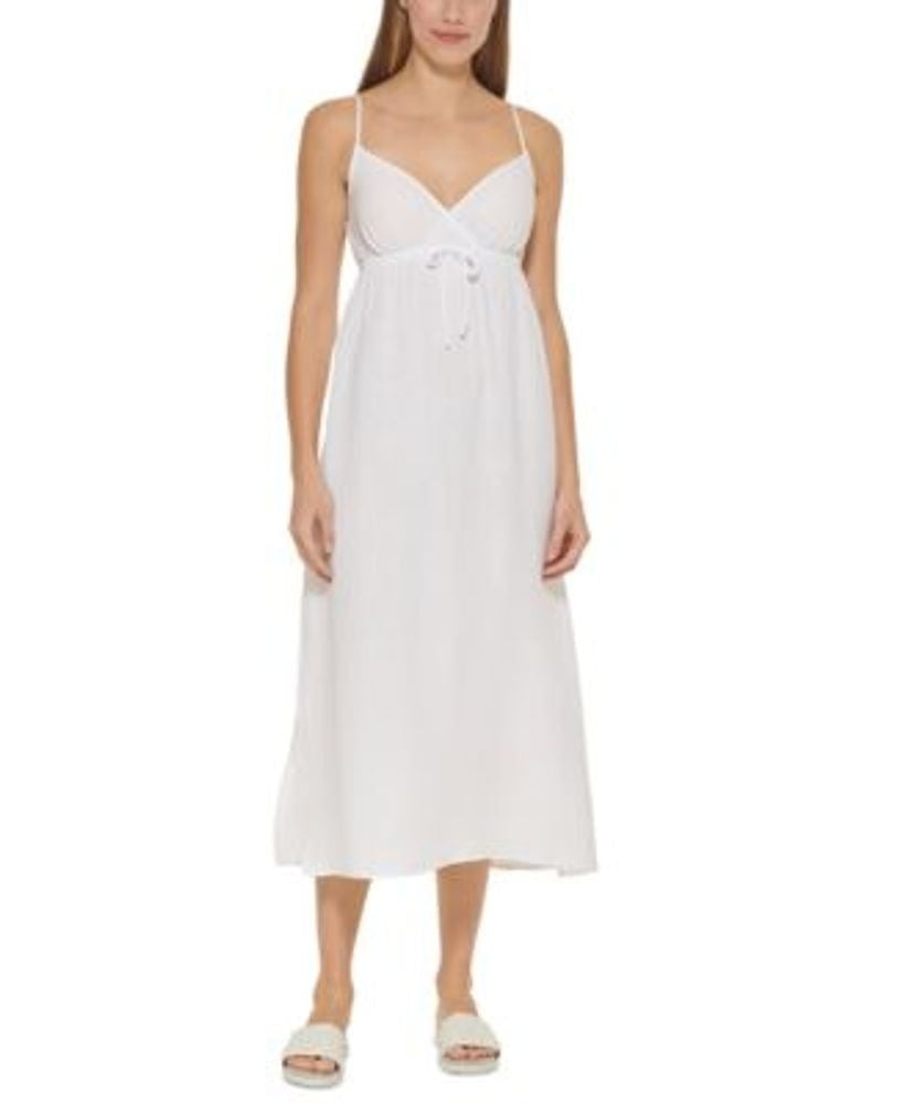 DKNY Women's V Neck Front Tie Maxi Dress Cover Up Swimsuit White Size S