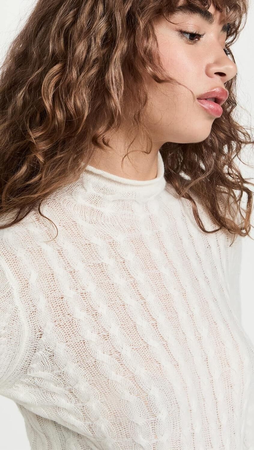 Theory Women's Cable Mock Neck Cashmere Sweater, Ivory, Off White, Size L $295