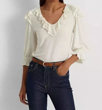Lauren Ralph Lauren Women Ruffle-Trim Jersey Top Mascarpone Cream Size L $115