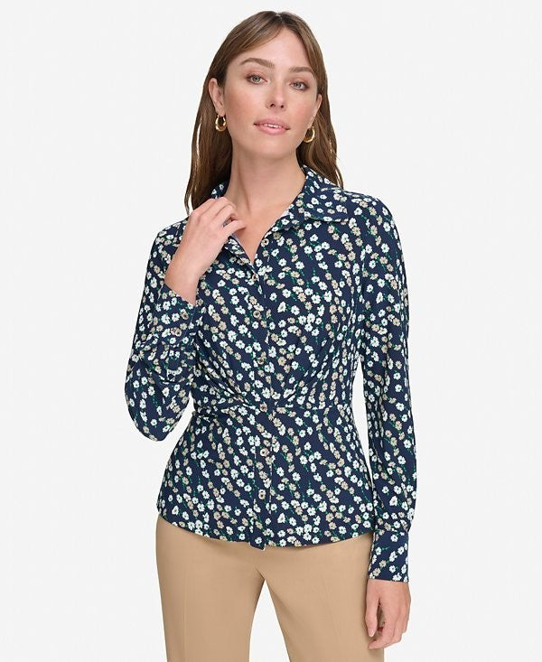 Tommy Hilfiger Women's Printed Button-Front Blouse Size L NAVY $79