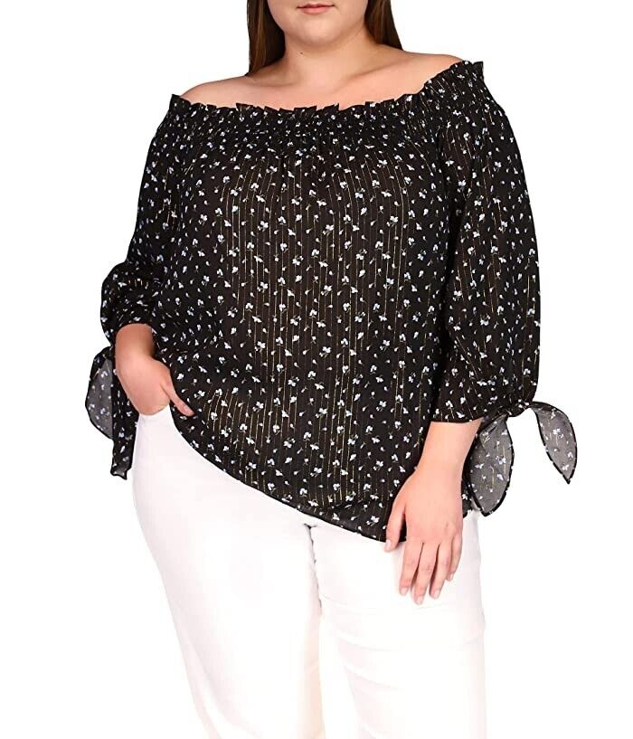 Michael Kors Plus Size 0X Off-the-Shoulder Top Blouse Black MSRP $98