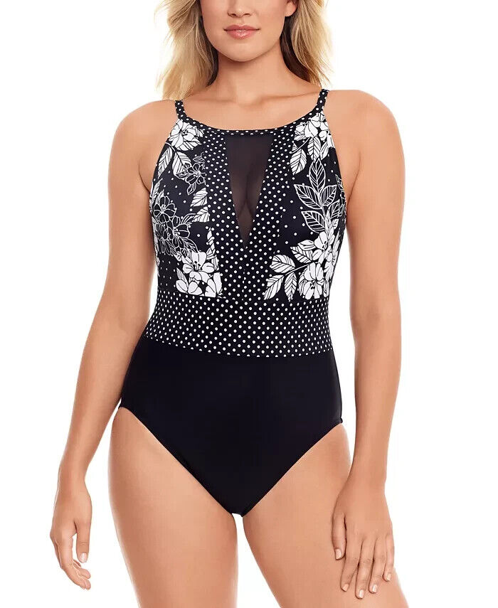 SWIM SOLUTIONS High-Neck One-Piece Swimsuit Black Size 8 MSRP $99