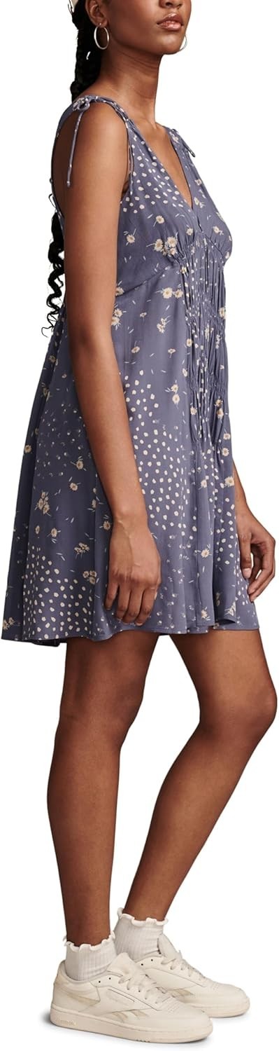Lucky Brand Women's Printed Smocked V-Neck Sleeveless Dress Blue Size L MSRP $99