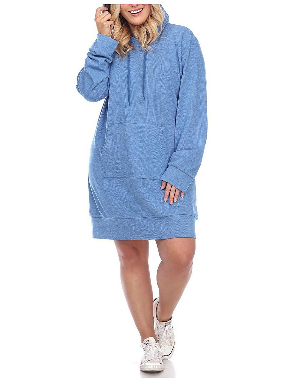 White Mark Plus Size 1X Hooded Pullover Kangaroo Fleeced Sweatshirt Dress Blue