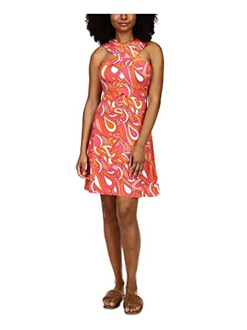 Michael Kors Women Coral Stretch Surplice Neckline Fit Flare Dress Pink Size M