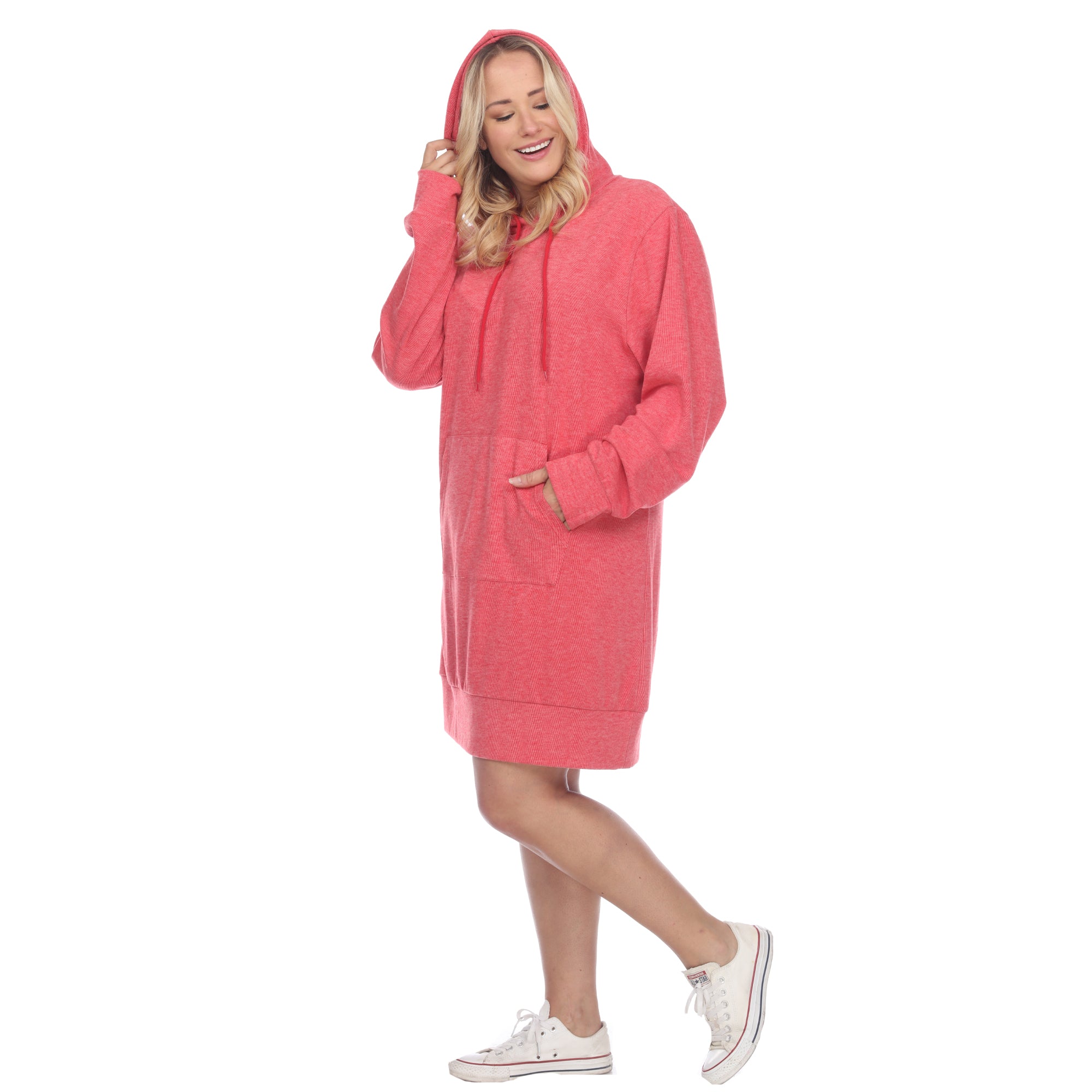 White Mark Plus Size 1X Hooded Pullover Kangaroo Fleeced Sweatshirt Dress Pink