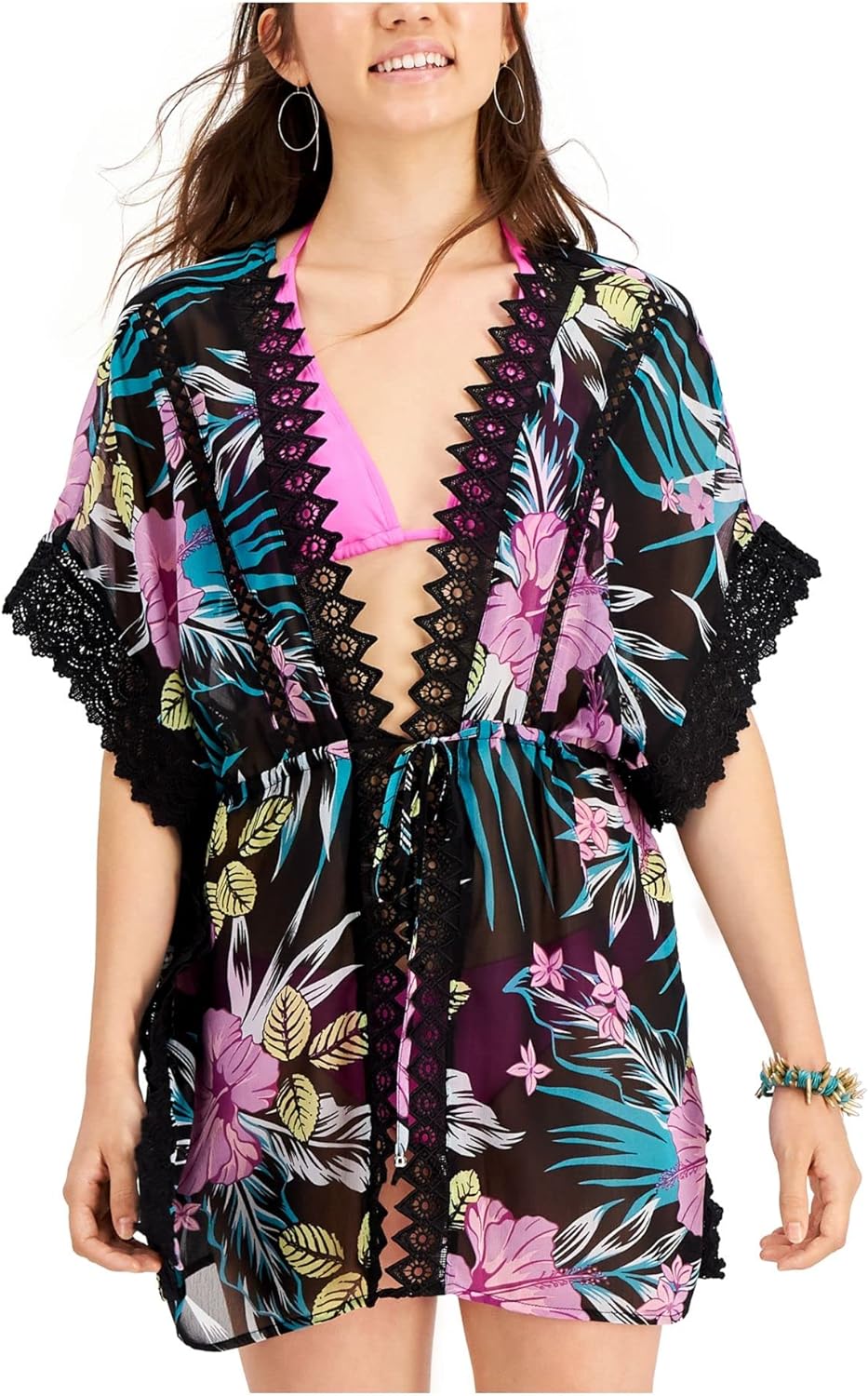 Miken Juniors Lace-Inset Tie-Front Kimono Cover-up, Swimsuit - Tropical Multi M