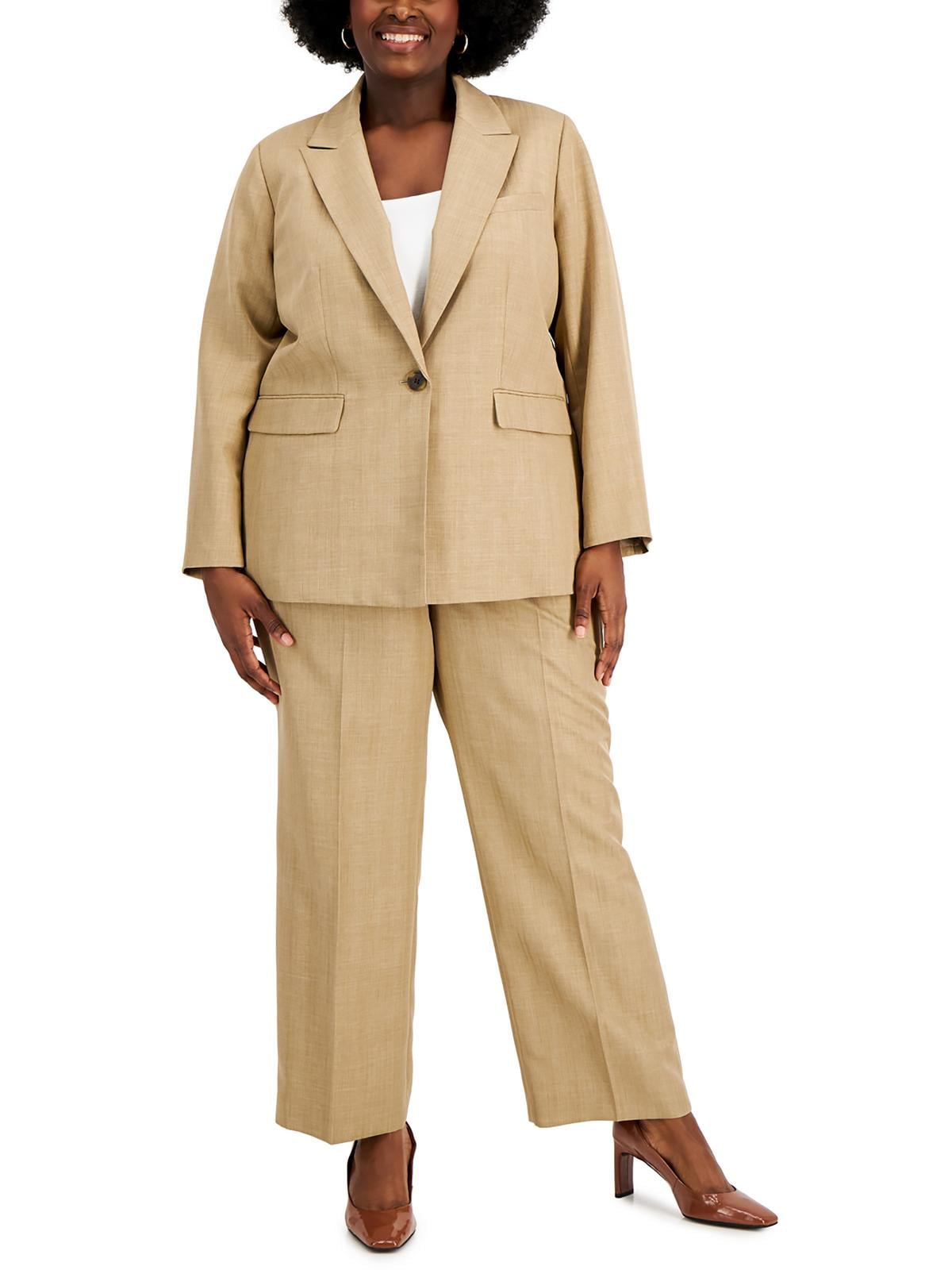 Le Suit Womens Plus Two Piece Straight Leg Suit Jacket Size 16W Tan Brown Beige