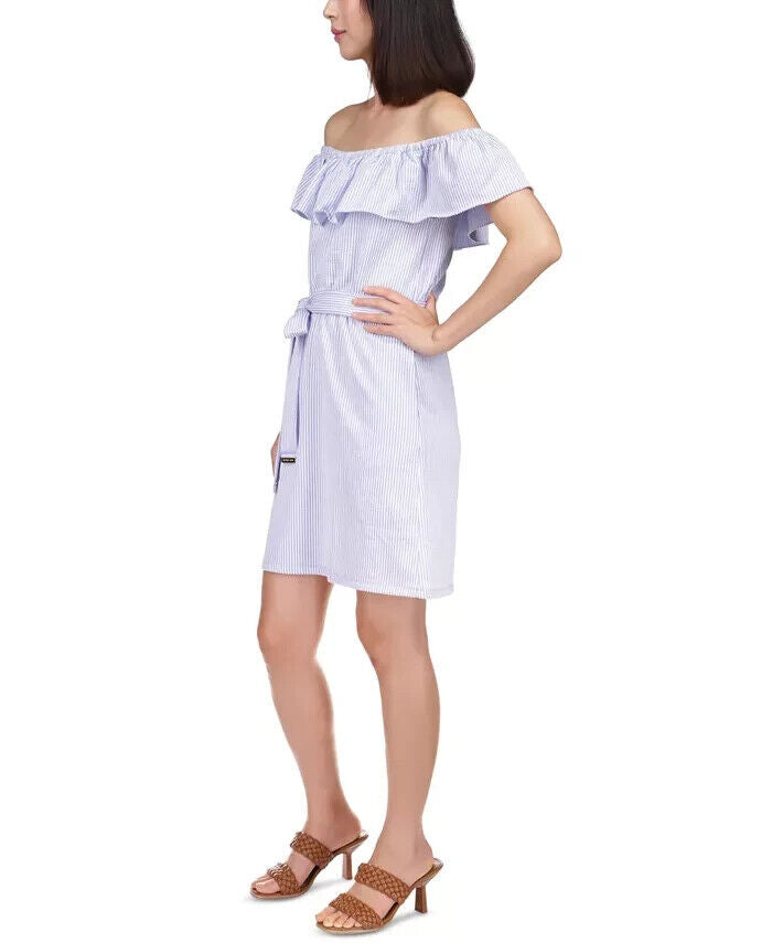 MICHAEL KORS Ruffled Off-The-Shoulder Mini Dress Blue Size PS Petite MSRP $140