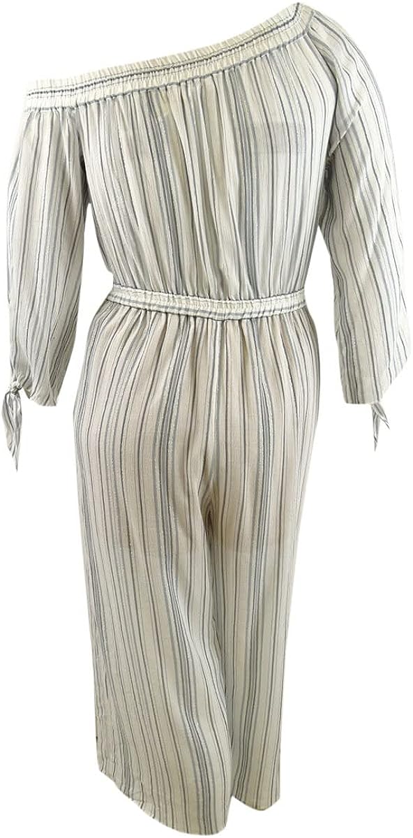 Michael Michael Kors Striped One-Shoulder Jumpsuit (Size L, Ivory Chambrey)