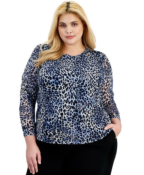 Bar III Plus Size Animal-Print Long-Sleeve Mesh Top Blue Size 1X MSRP $69