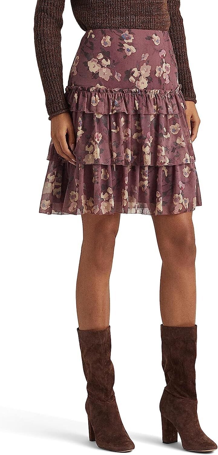 LAUREN Ralph Lauren Floral Crinkle Georgette Mini skirt Purple Size 12 MSRP $145