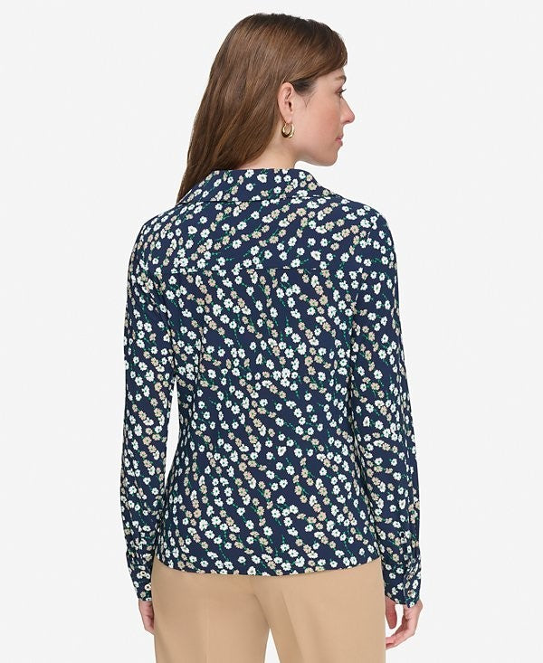 Tommy Hilfiger Women's Printed Button-Front Blouse Size L NAVY $79