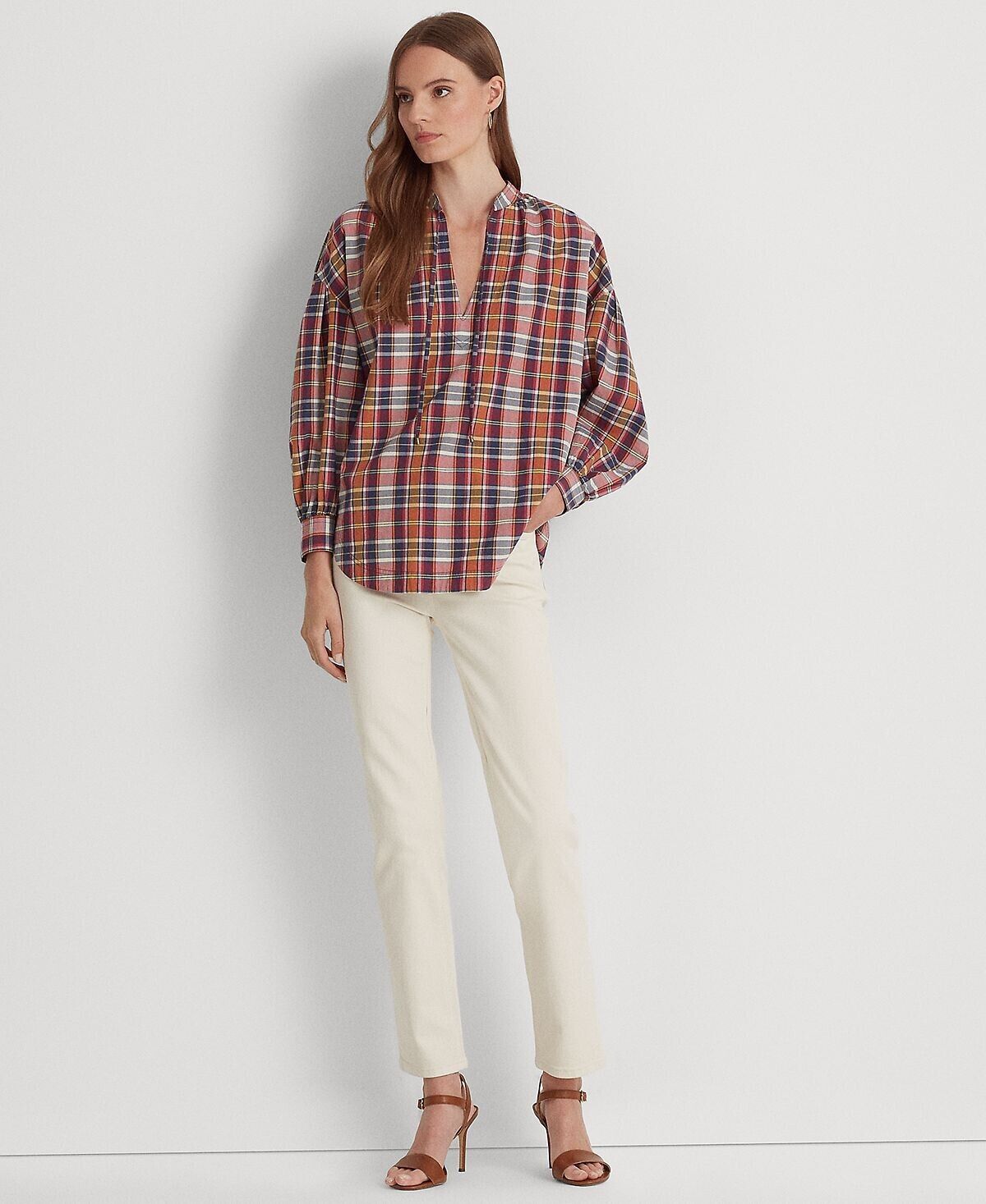 LAUREN RALPH LAUREN Women's Cotton Madras Tie-Neck Blouse Pink Size M MSRP $115