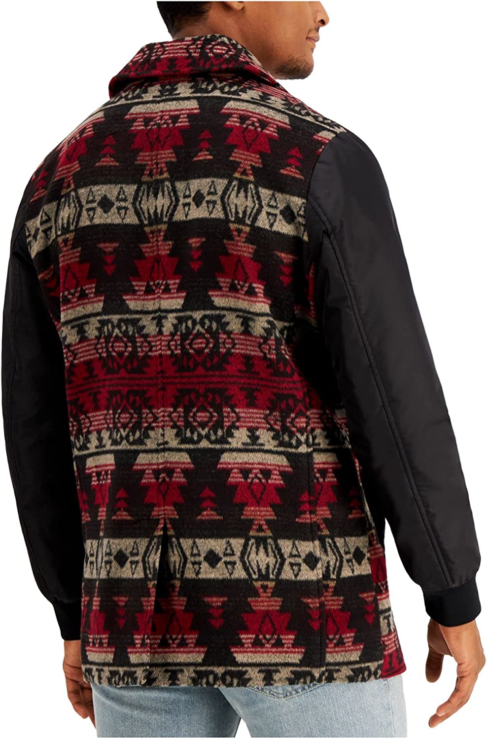 Sun Stone Mens Coat Small Pea-Coat Jacket Tribal Geomatric Print Red Size S