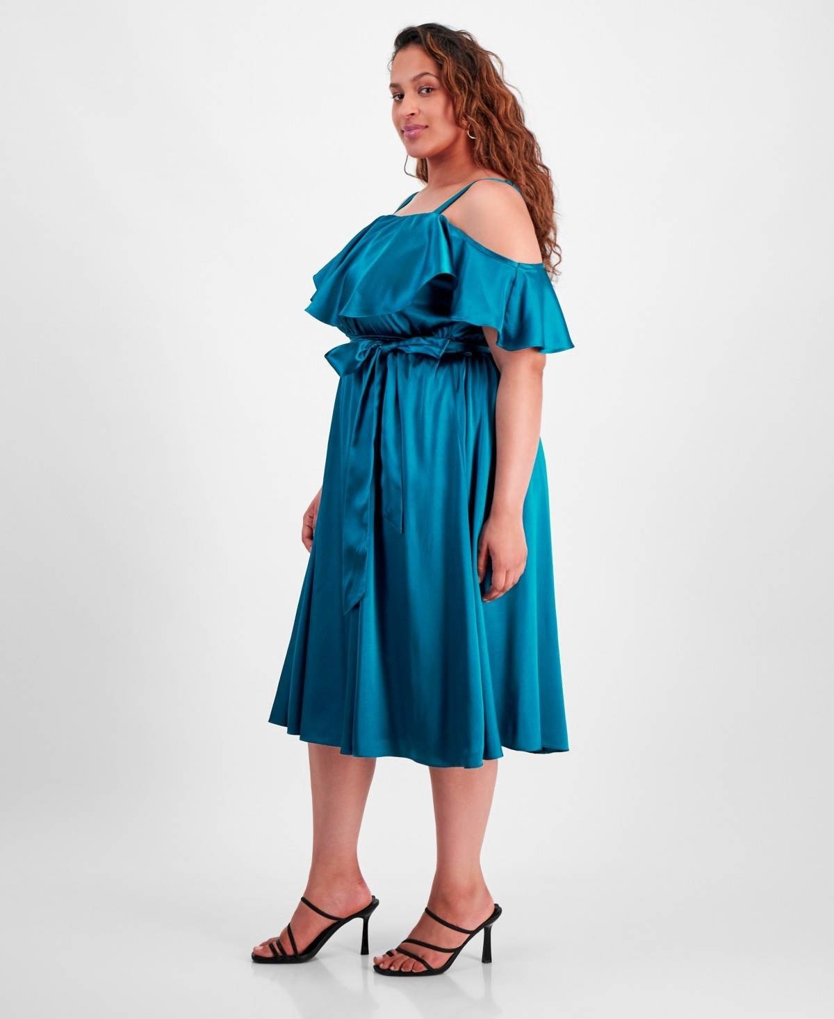 City Studios Ruffled Square-Neck Cold-Shoulder Midi Dress Blue Plus Size 2X $89