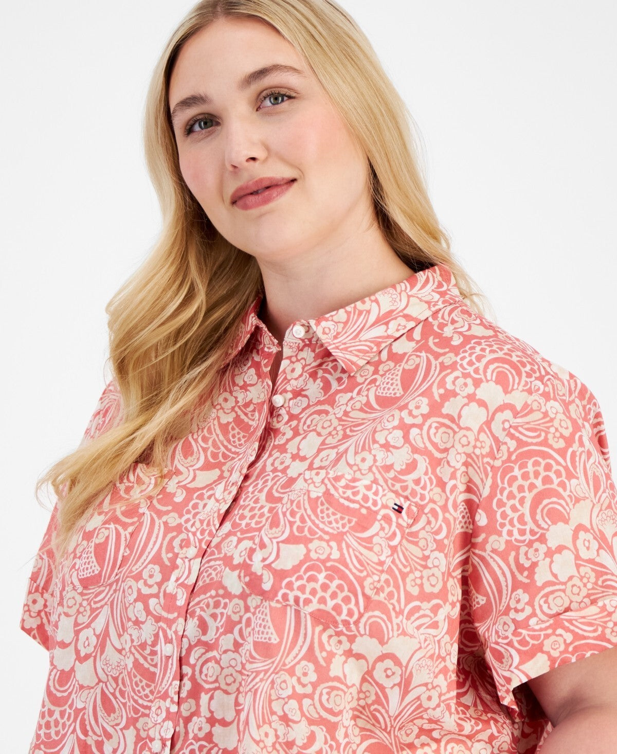 Tommy Hilfiger Cotton Cuffed-Sleeve Camp Shirt Mineral Red Plus Size 2X MSRP $60