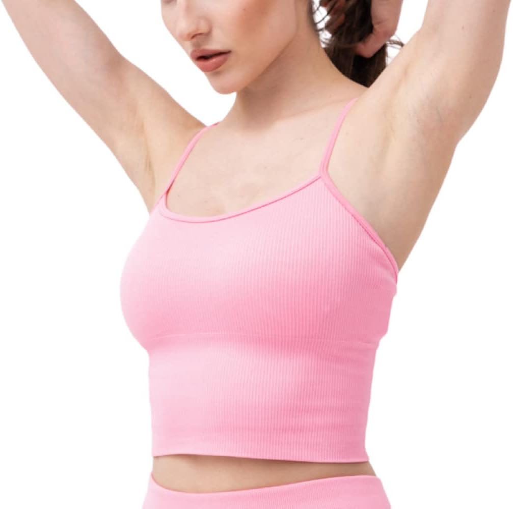 DKNY Women Ribbed Strappy Longline Low Impact Sports Bra Bubblegum, Size M Pink