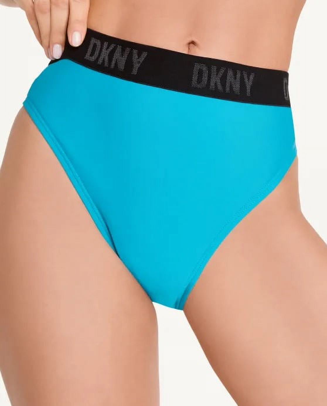 DKNY Women's Blue High-Waist Logo Bikini Bottoms Size L Blue