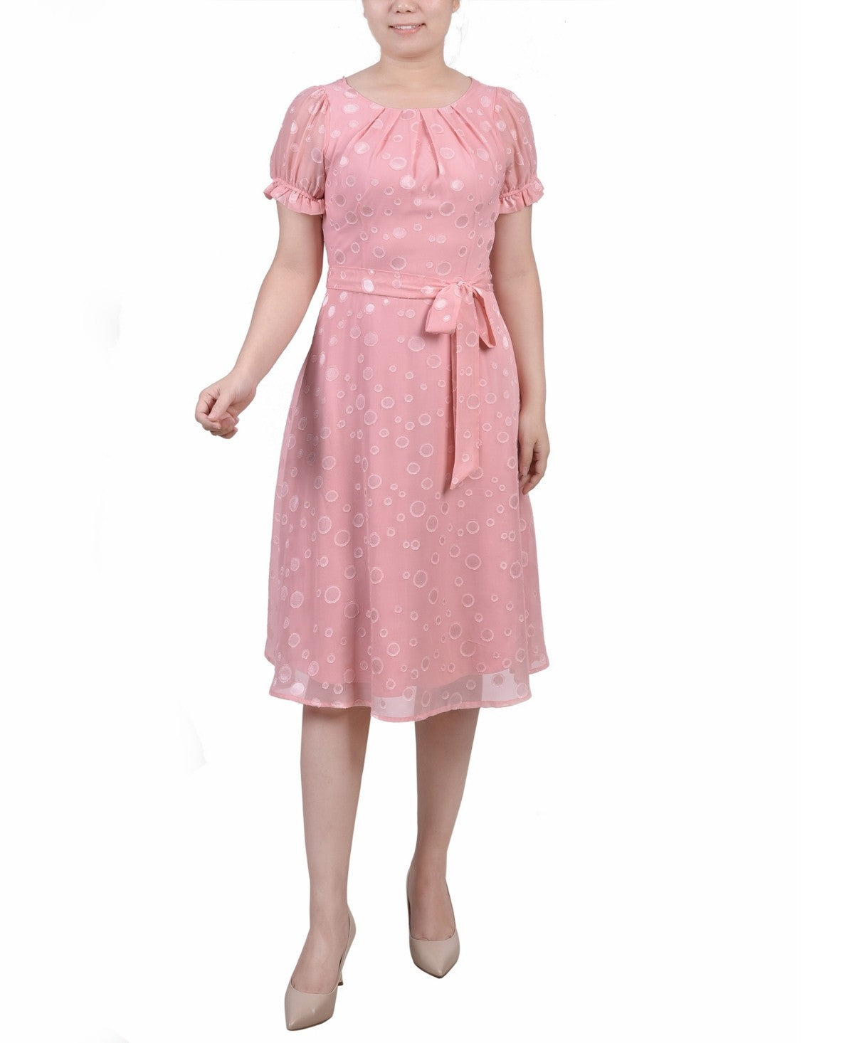 NY Collection Petite Short Sleeve Belted Swiss Dot Dress Pink Size PXL