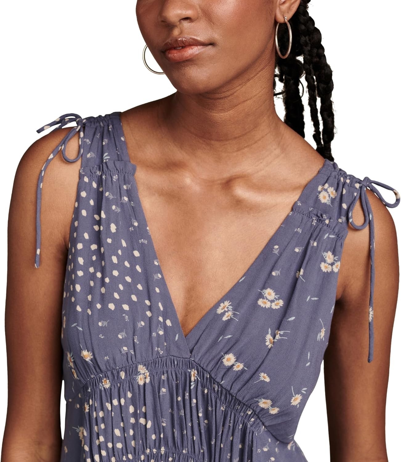 Lucky Brand Women's Printed Smocked V-Neck Sleeveless Dress Blue Size L MSRP $99